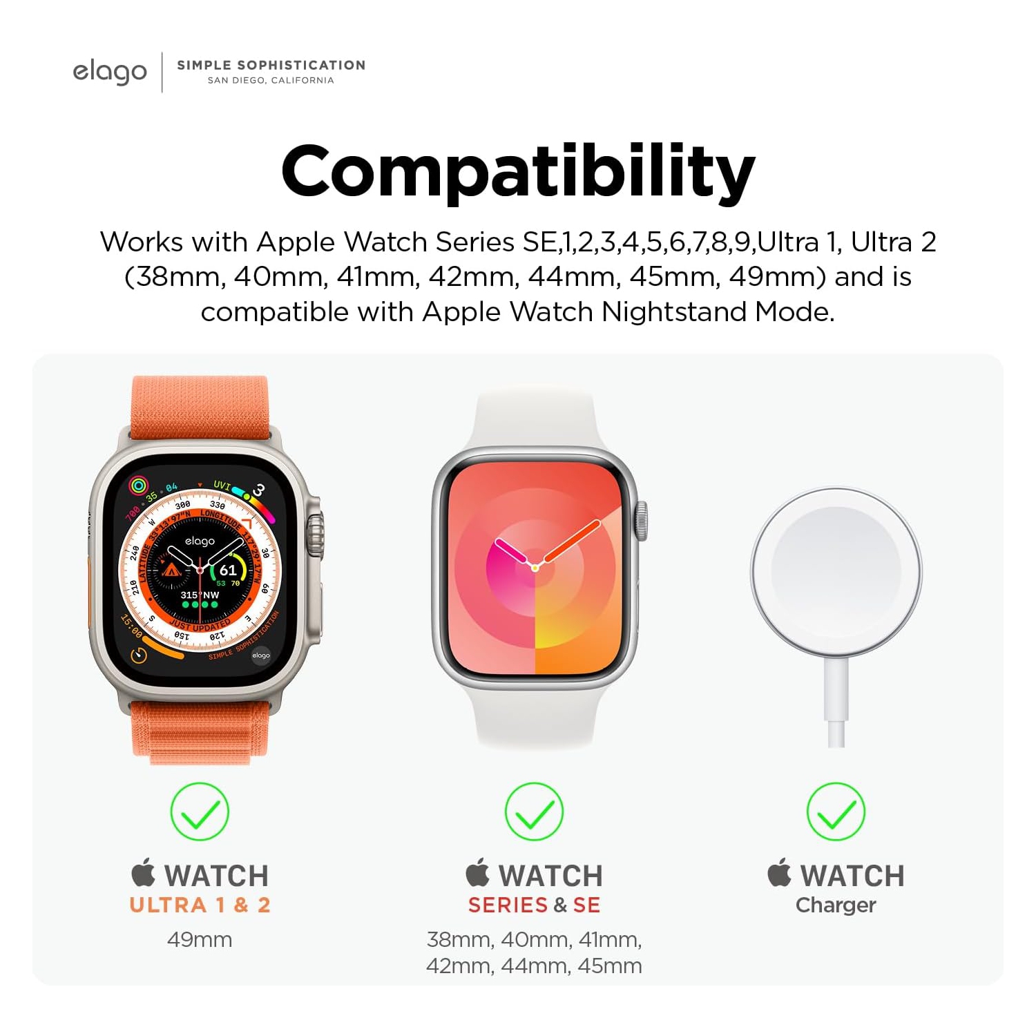 elgo W2 Station de Charge [Blanc] - Compatible avec Toutes les Séries d'Apple Watch et Mode Table de Nuit