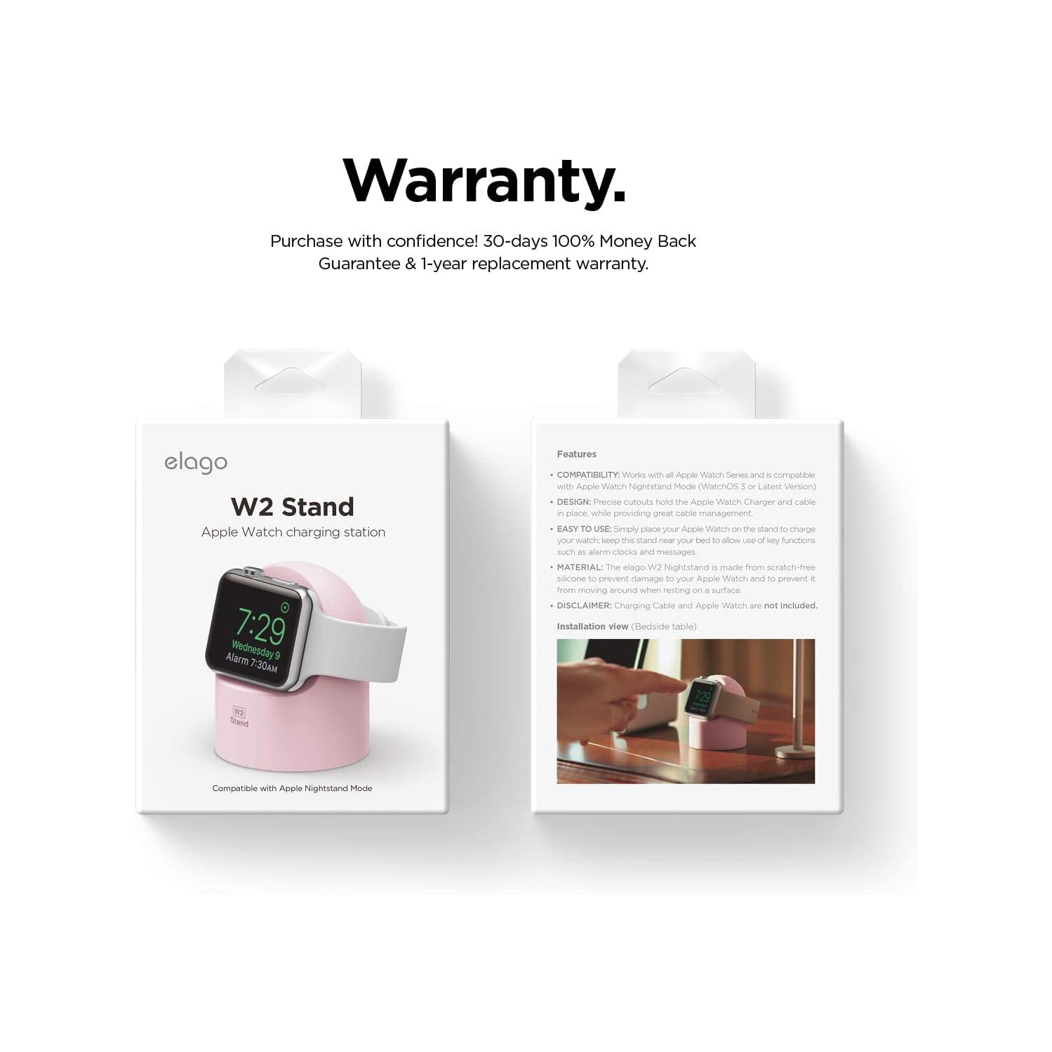 elgo W2 Station de Charge [Rose] - Compatible avec Toutes les Séries d'Apple Watch et Mode Table de Nuit