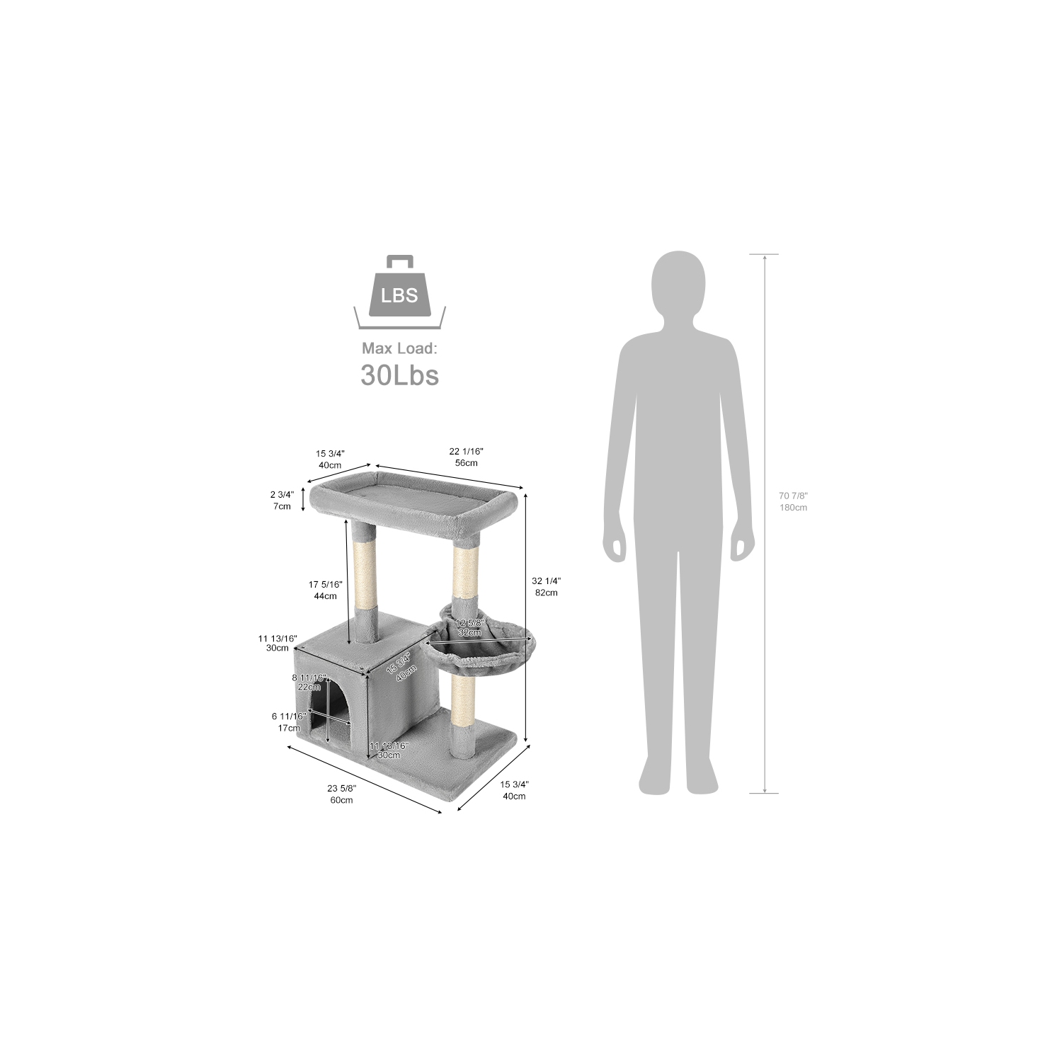 Cat Tree with Sisal-Covered Scratching Posts and 1 Plush Condos Cat Furniture for Kittens, Light Gray