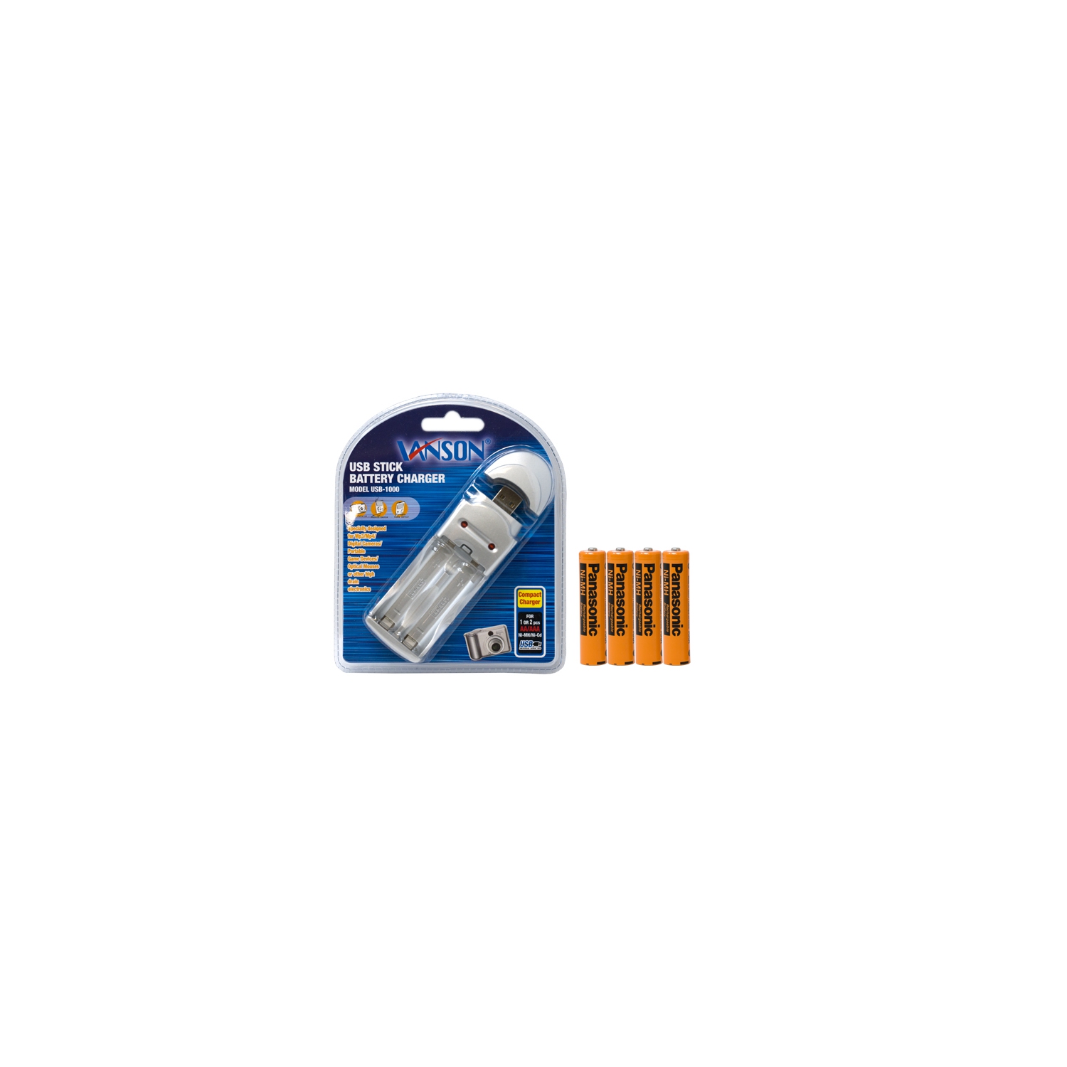 AA / AAA USB Battery Charger + 4 AAA (750 mAh) Panasonic NiMH Batteries