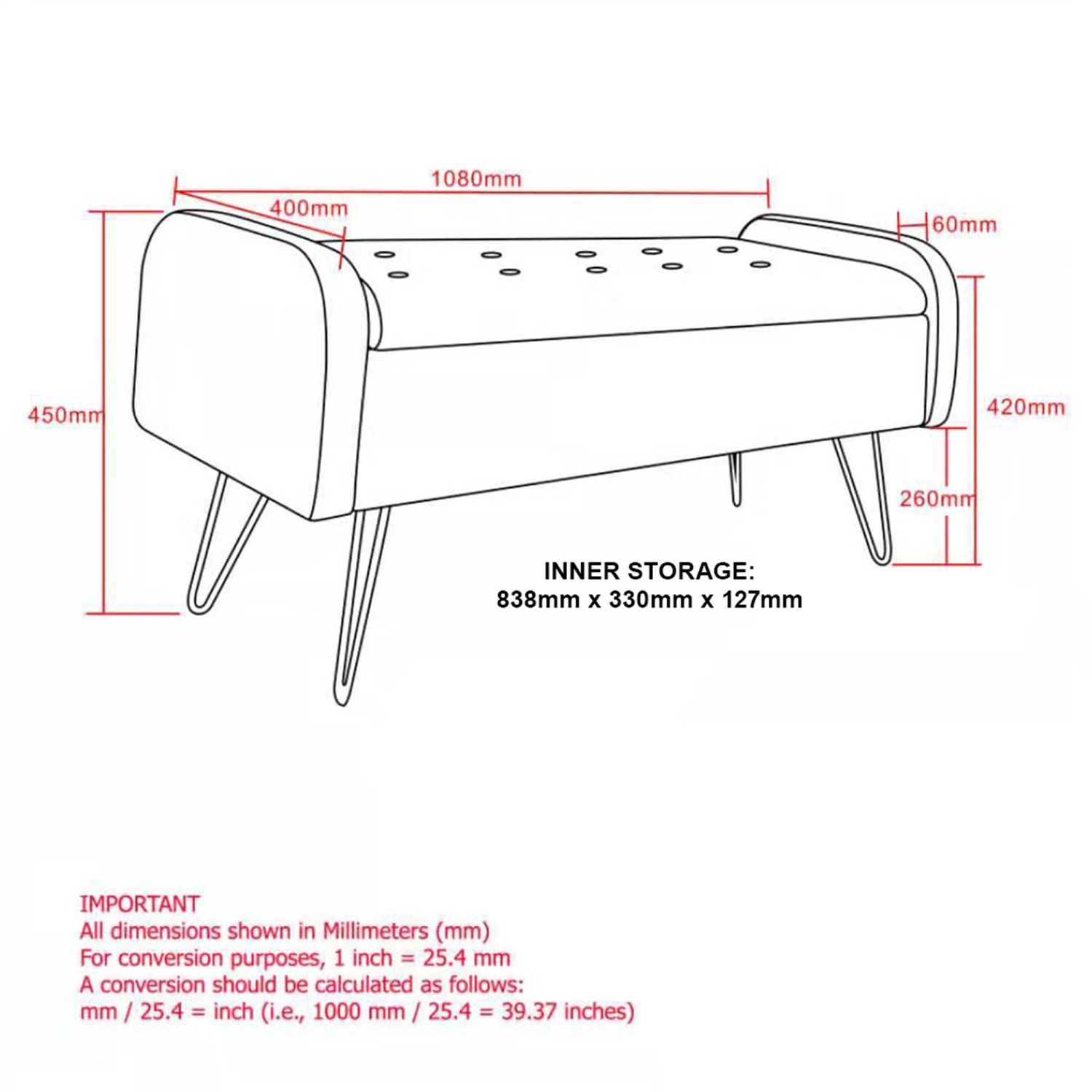 Viva Lifestyle Furiture STORAGE OTTOMAN - BLACK/GOLD LEG