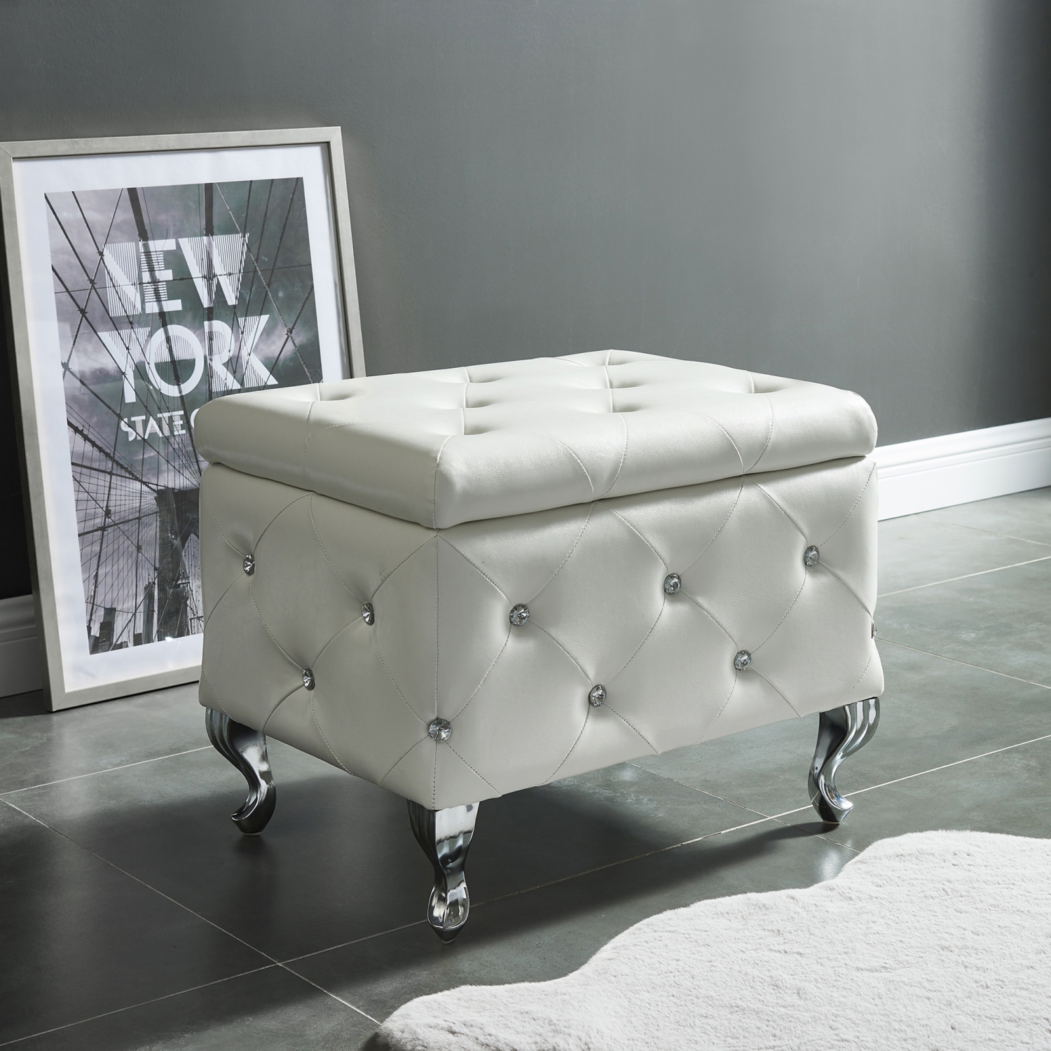 Viva Lifestyle Furiture SINGLE SQUARE STORAGE OTTOMAN - WHITE
