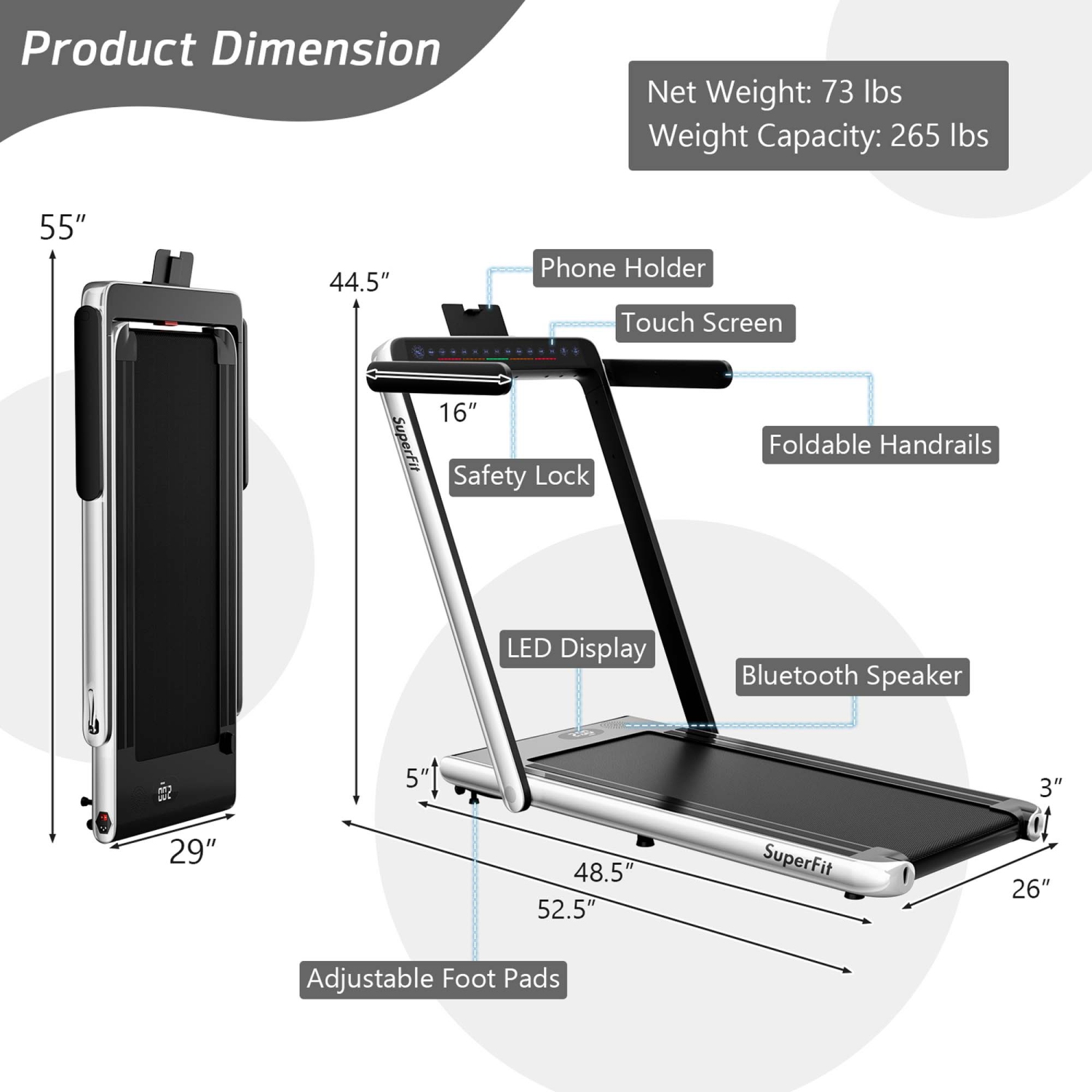 Tapis de course pliable 2 en 1SuperFit – Moteur 2,25 CV – Double écran – Haut-parleur