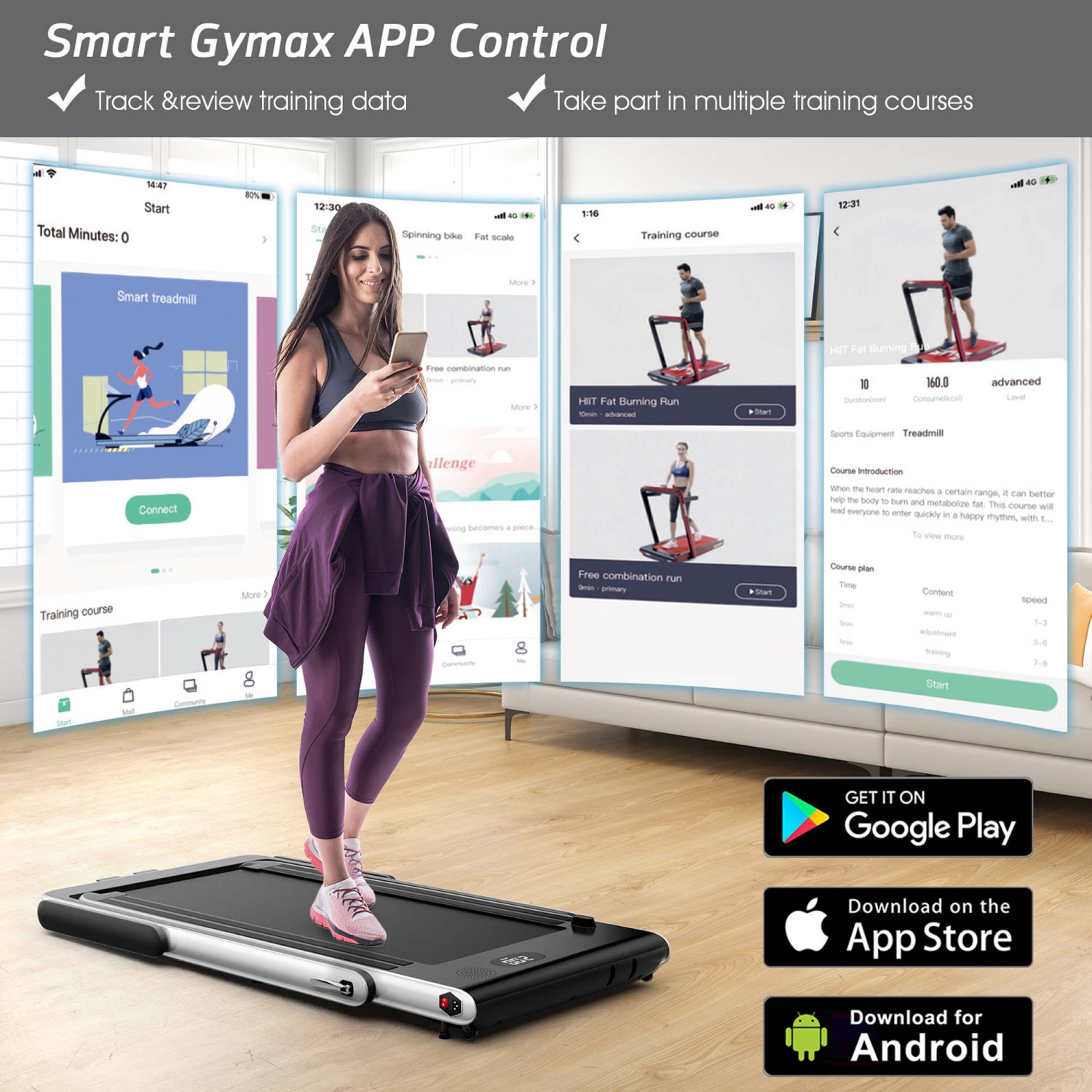 Tapis de course pliable 2 en 1SuperFit – Moteur 2,25 CV – Double écran – Haut-parleur