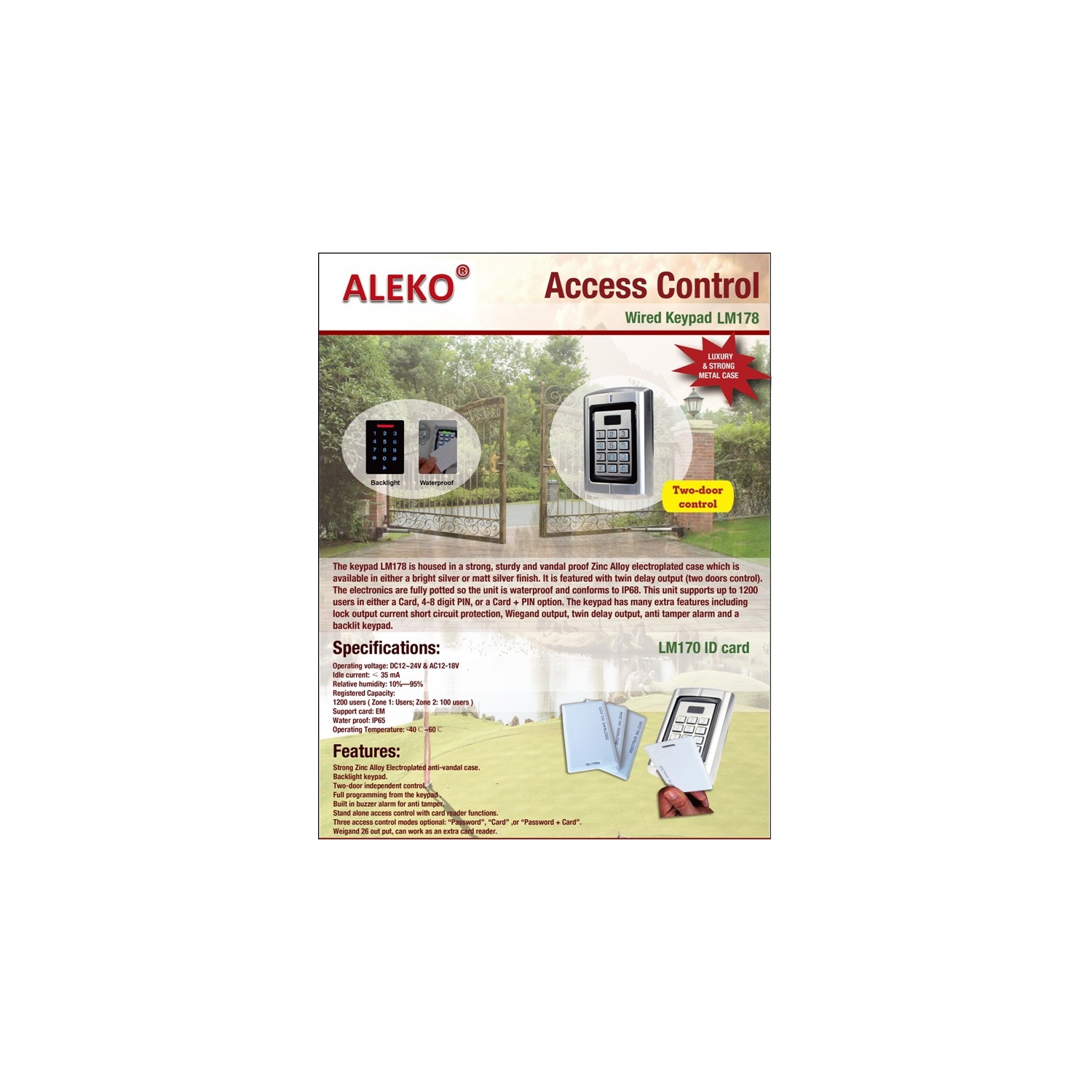 ALLEKO® LM178 12/24V métal, avec fil, alliage métallique, résistant à l'eau, deux portes...