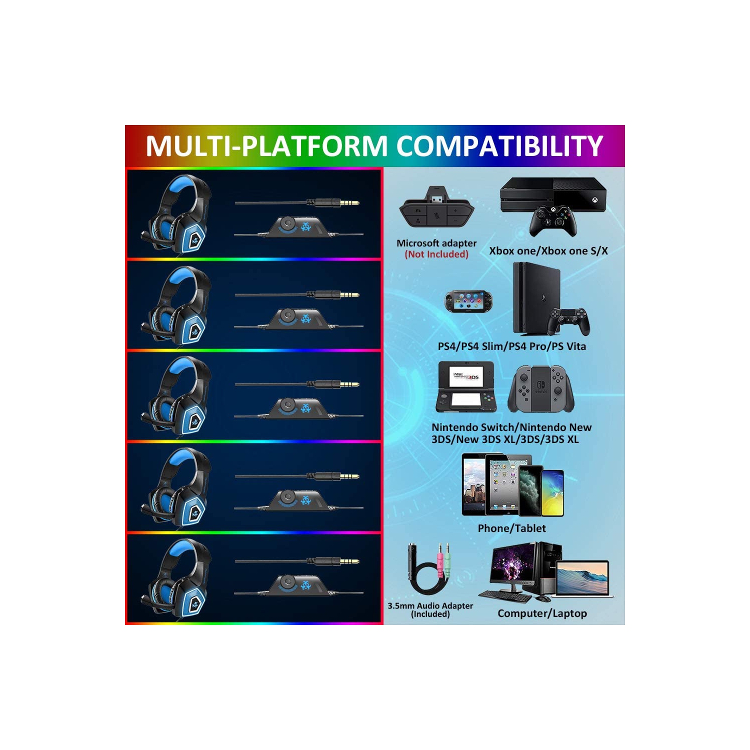 Casque de jeu avec micro pour Xbox One, PS5, PS4, PC, Nintendo Switch playstation 5 - Écouteurs stéréo basses - 3,5 mm - Casque d’écoute léger avec