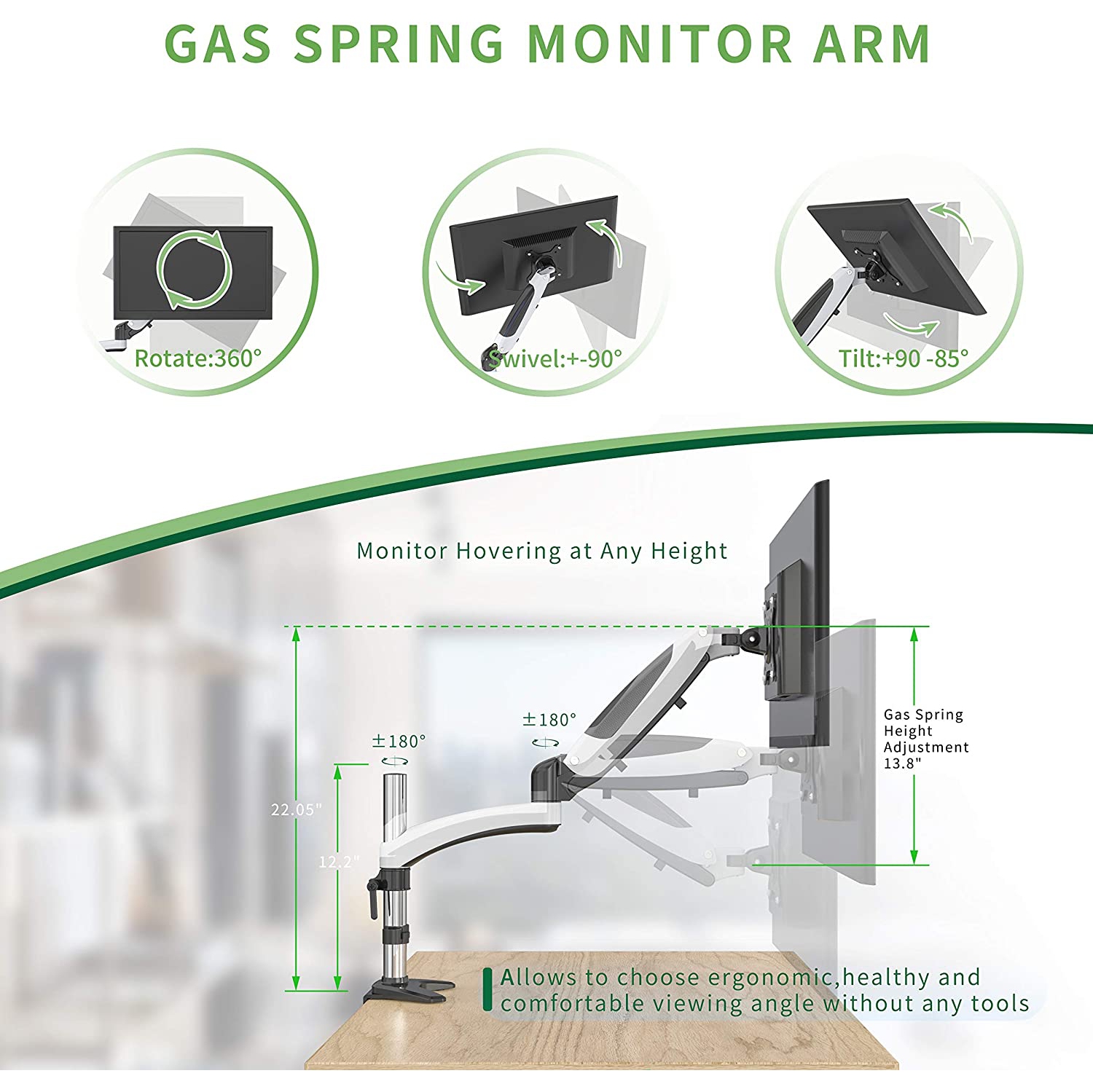 SHOPPINGALL Fully Adjustable Single Gas Spring LCD Monitor Arm Desk Mount Stand for 15"-32" Monitor - SA-GM112D