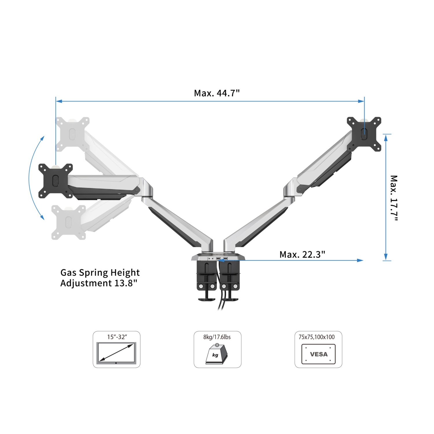 SHOPPINGALL Fully Adjustable Dual Gas Spring Dual Monitors Mount Stand for 15"-32" Monitors - SA-GM224U