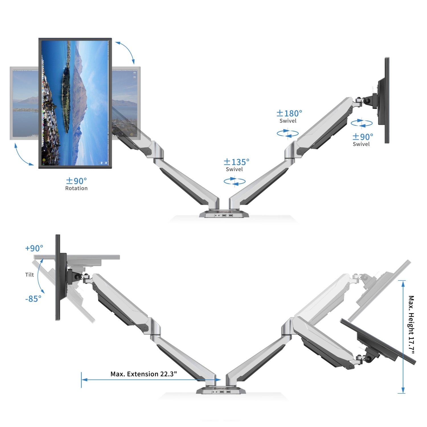 SHOPPINGALL Fully Adjustable Dual Gas Spring Dual Monitors Mount Stand for 15"-32" Monitors - SA-GM224U