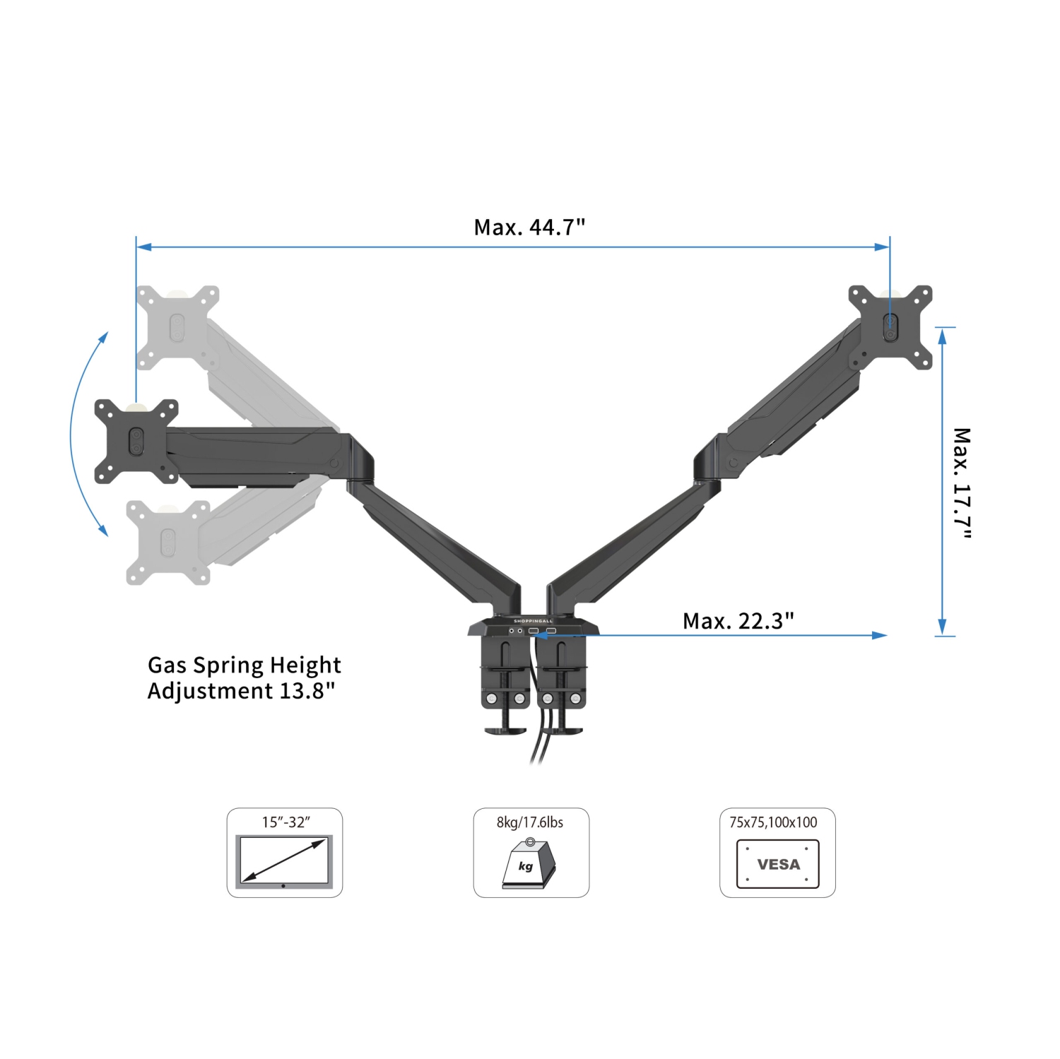 SHOPPINGALL Fully Adjustable Dual Gas Spring Dual Monitors Mount Stand for 15"-32" Monitors - SA-GM224U
