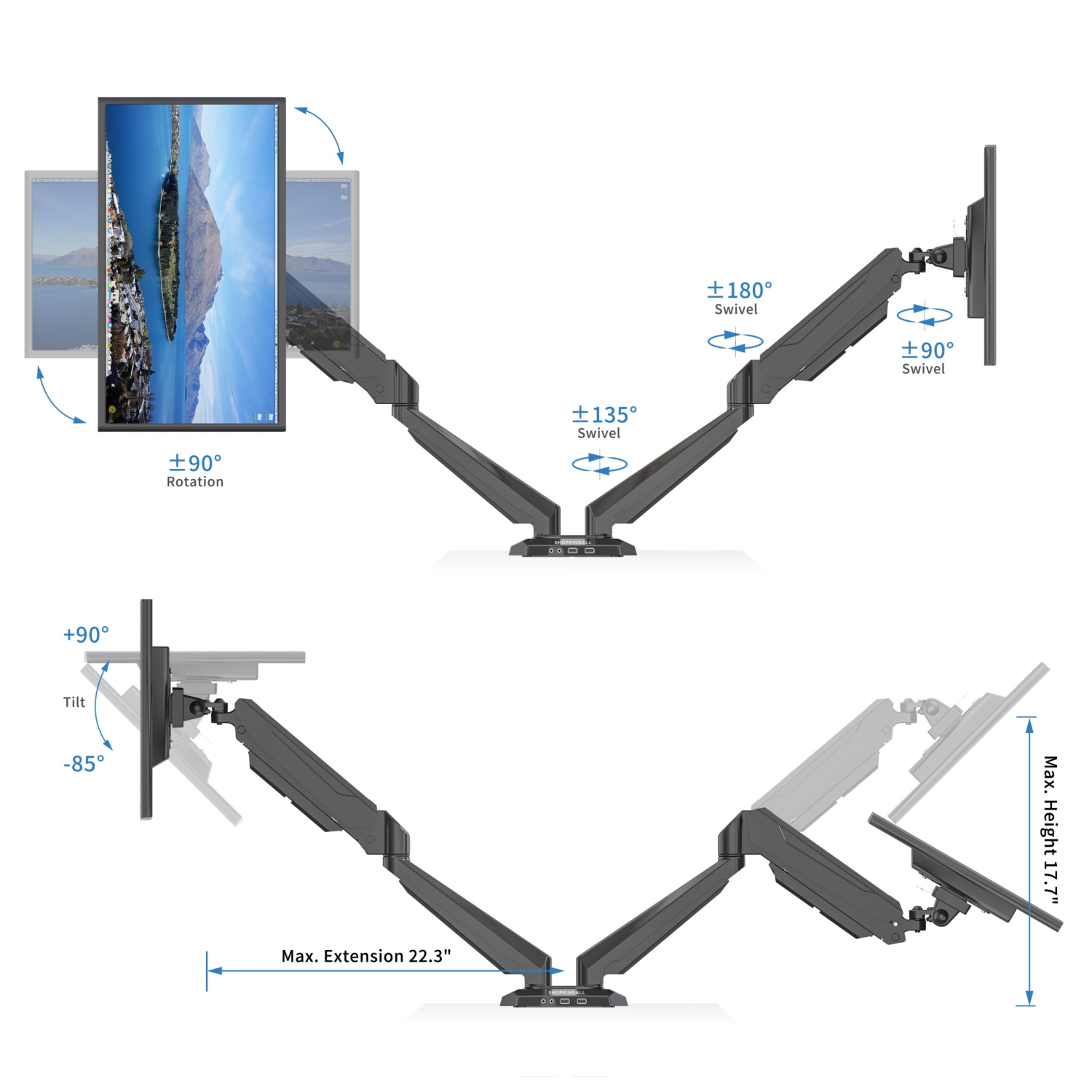 SHOPPINGALL Fully Adjustable Dual Gas Spring Dual Monitors Mount Stand for 15"-32" Monitors - SA-GM224U