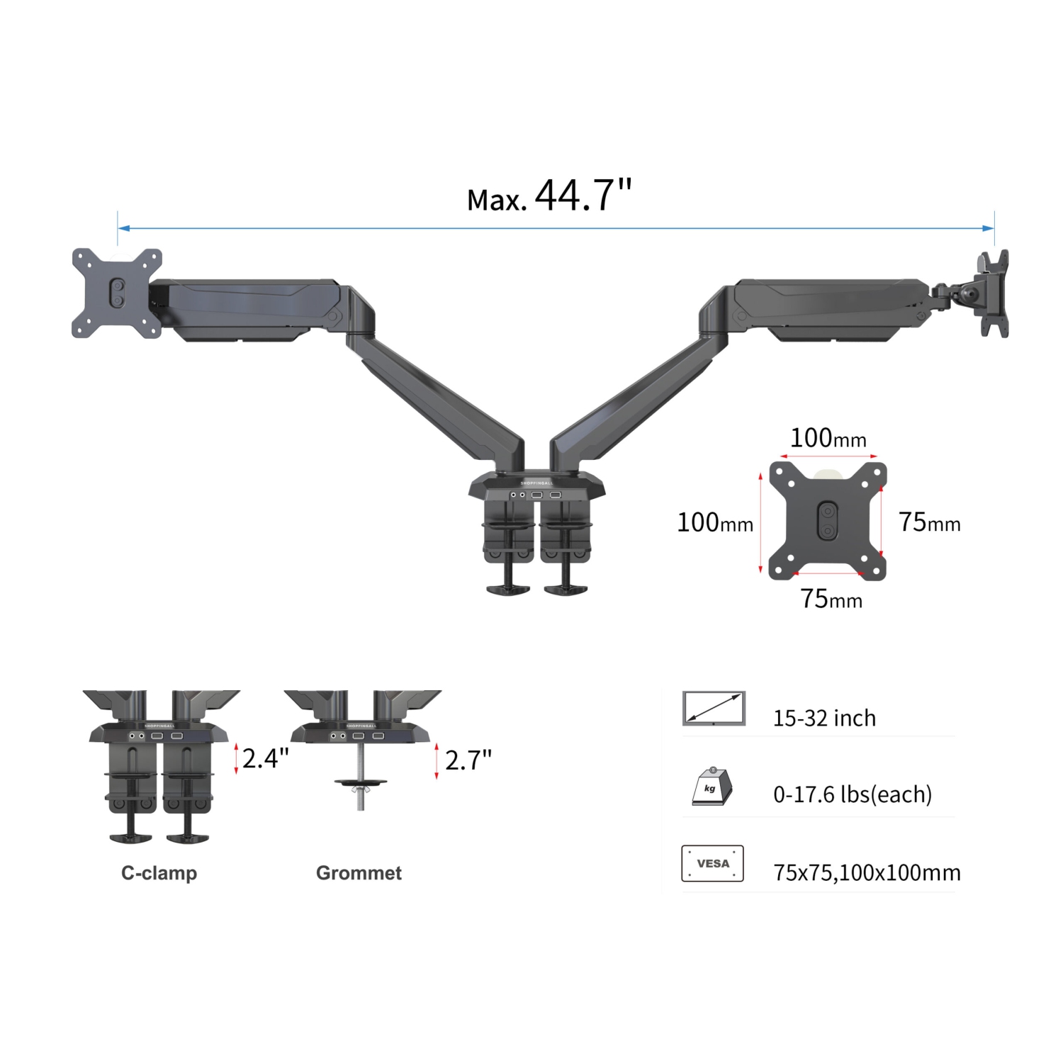 SHOPPINGALL Fully Adjustable Dual Gas Spring Dual Monitors Mount Stand for 15"-32" Monitors - SA-GM224U