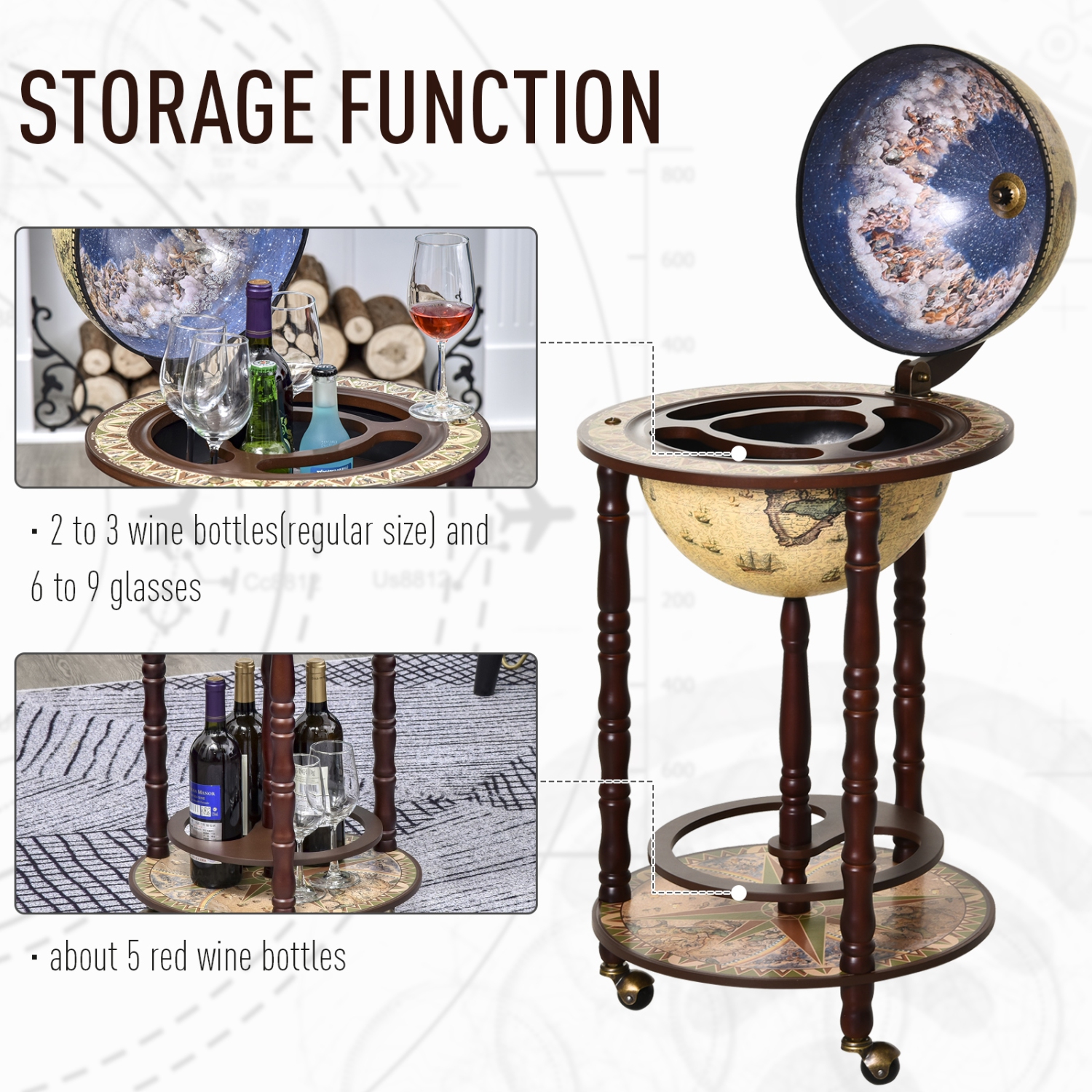 Beige HOMCOM Rolling 18 Globe Wine Bar Stand Wine Cabinet Bottle Shelf Holder Wine Host Trolley with Wheels