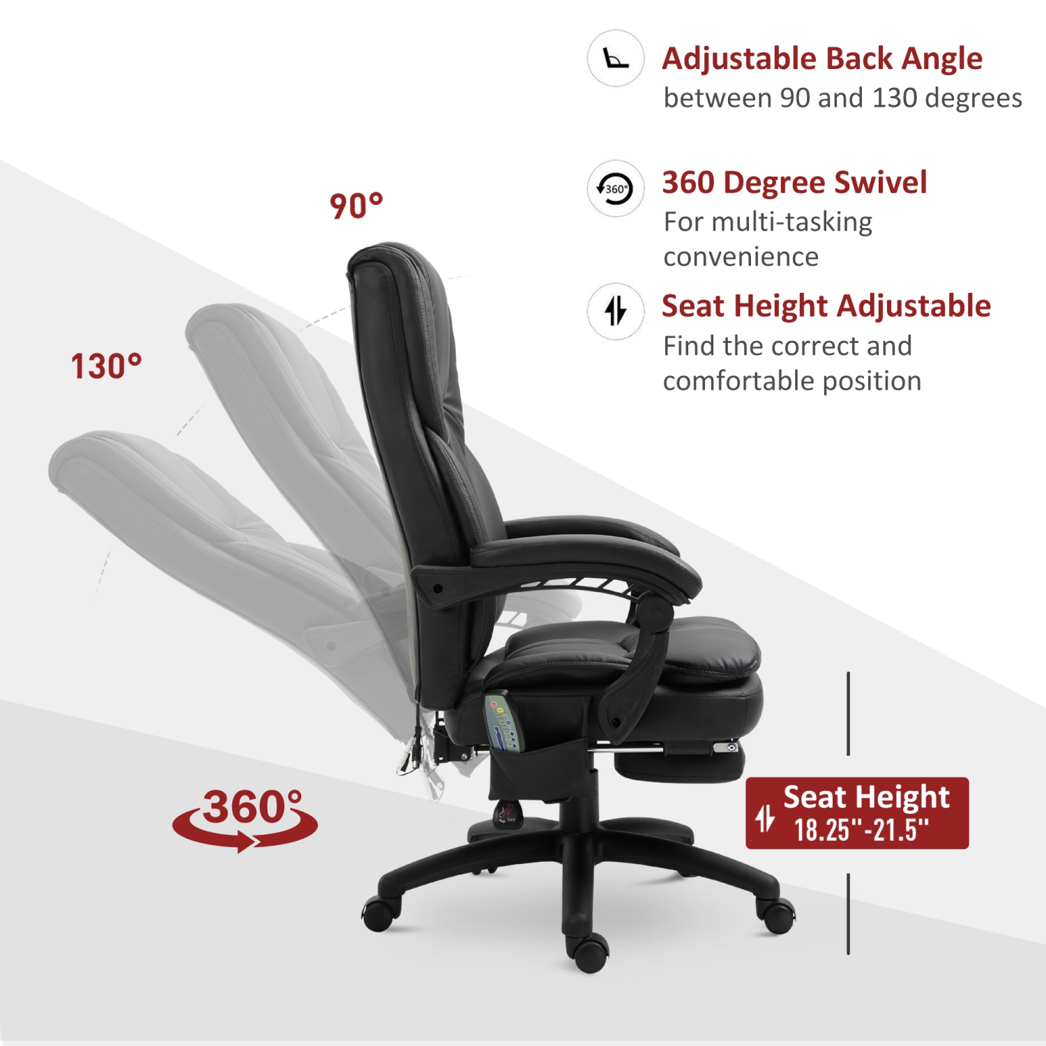 Vinsetto Office Chair High Back 6-Point Vibration Massage Reclining 360° Swivel Height Adjustable with Retractable Footrest, Remote Controller,PU