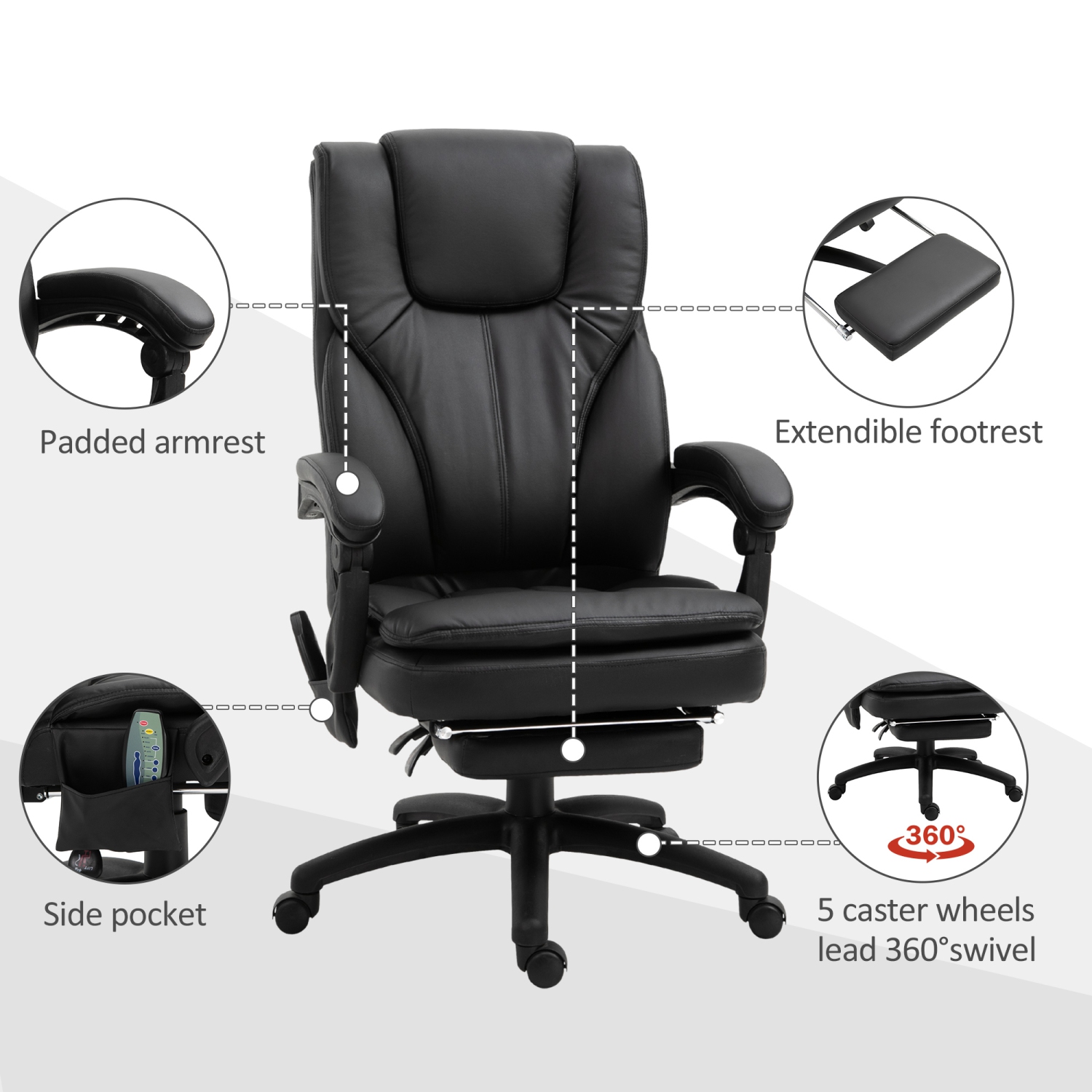 Vinsetto Office Chair High Back 6-Point Vibration Massage Reclining 360° Swivel Height Adjustable with Retractable Footrest, Remote Controller,PU