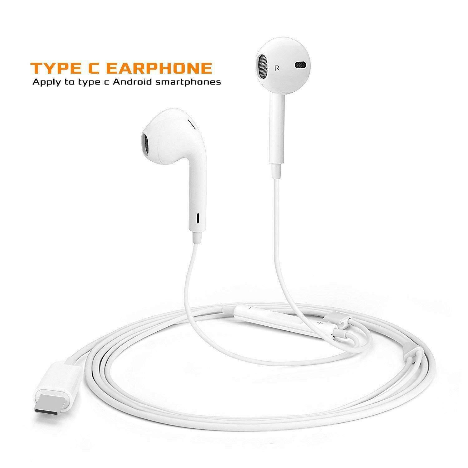 Type C USB-C Earphones Headphones Headsets with Mic & Volume Control for Huawei LG Google Samsung S8 S9 Plus, White