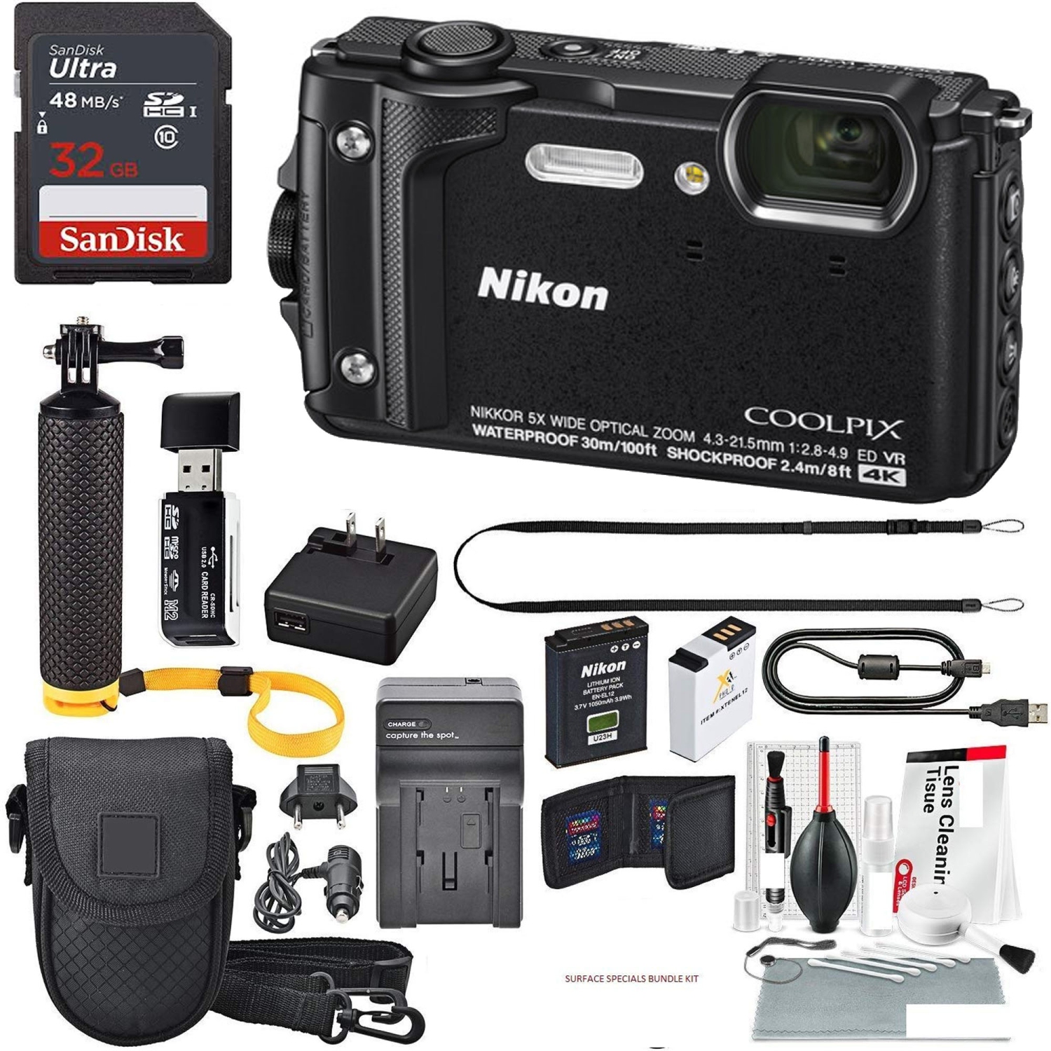 Nikon COOLPIX W300 Digital Camera (Black) W/ Deluxe Adventure Bundle with 32GB + Case + Floating Grip +Battery + Cleaning Kit - US Version w/ Seller Warranty