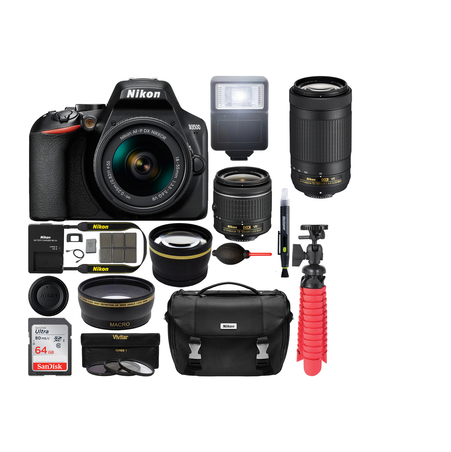 Nikon D3500 DSLR Camera w/ AF-P DX 18-55mm & 70-300mm VR 64GB Accessory Bundle - US Version w/ Seller Warranty