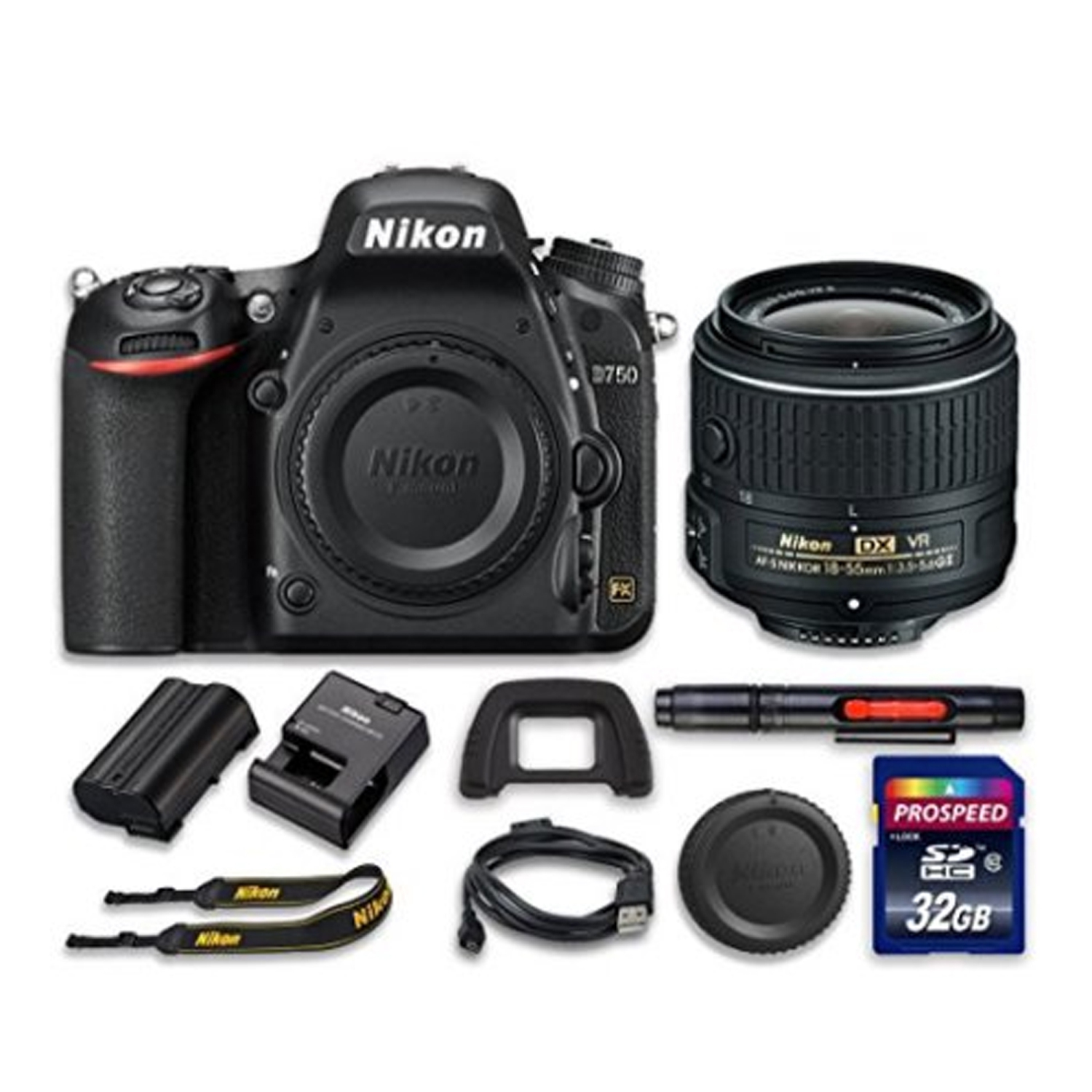 Nikon D750 Digital SLR Camera with Nikon AF-S DX NIKKOR 18-55mm f/3.5-5.6G VR II Lens 32 GB SD Card Cleaning Pen - US Version w/ Seller Warranty