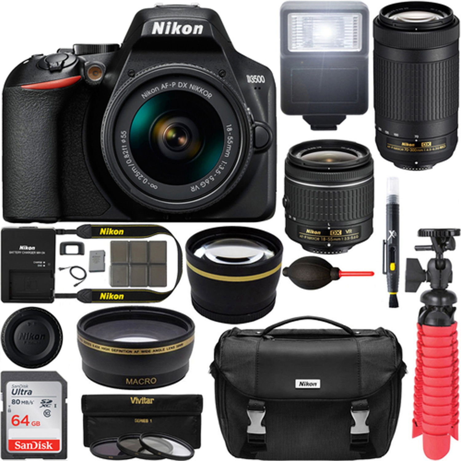 Nikon D3500 DSLR Camera w/ AF-P DX 18-55mm & 70-300mm Zoom Lens 64GB Accessory Bundle USA Model - US Version w/ Seller Warranty
