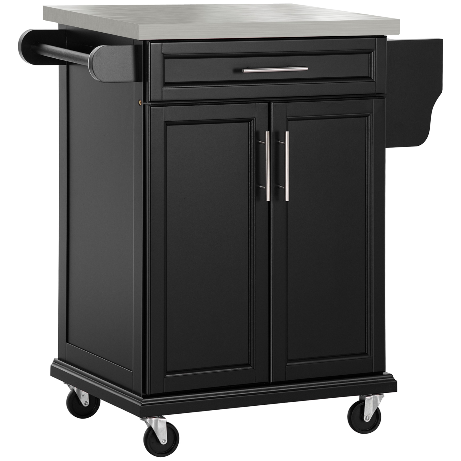 HOMCOM Kitchen Island with Stainless Steel Top, Rolling Kitchen Cart on Wheels with Storage Drawer, Cabinet, Towel Rack and Spice Rack, Black