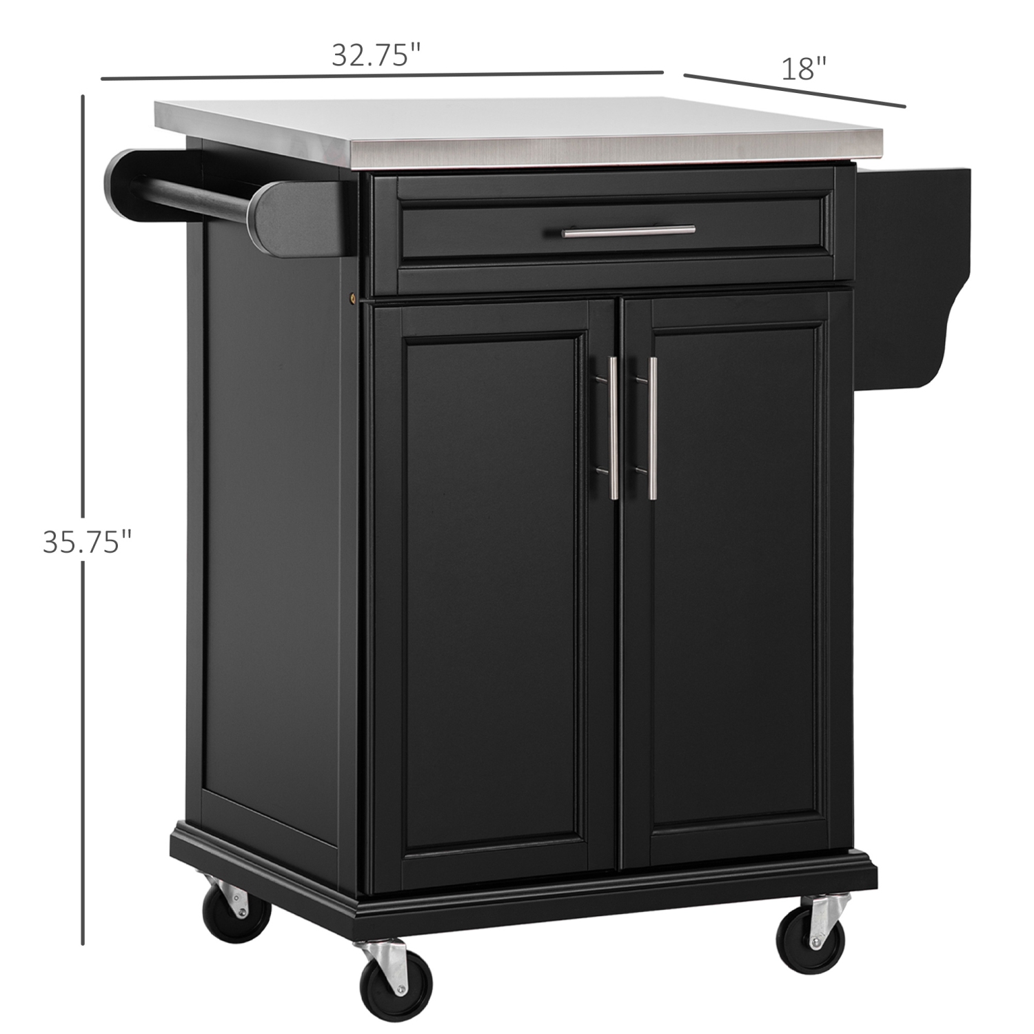 HOMCOM Kitchen Island with Stainless Steel Top, Rolling Kitchen Cart on Wheels with Storage Drawer, Cabinet, Towel Rack and Spice Rack, Black