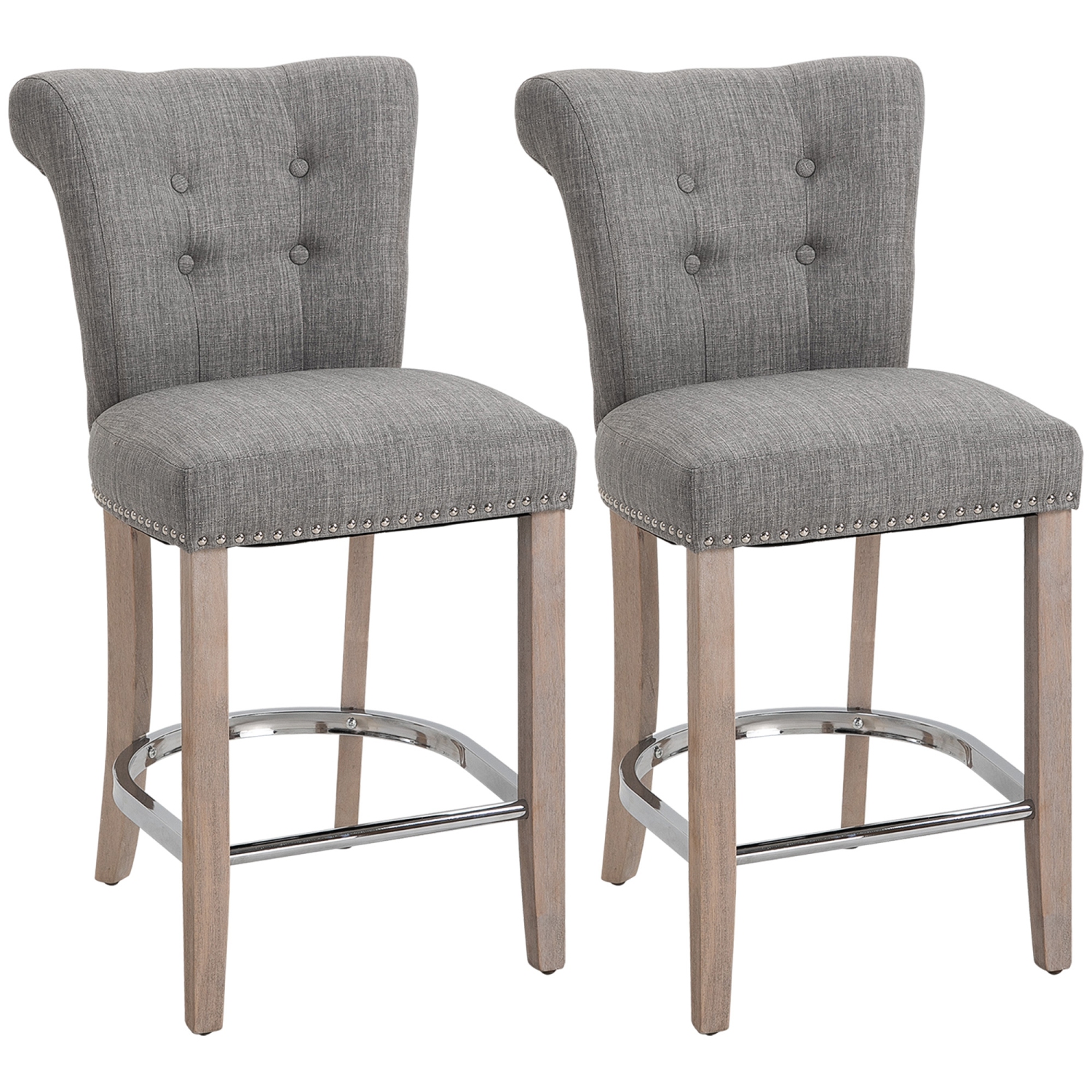 HOMCOM Counter Height Bar Stools Set of 2, Upholstered Bar Chairs with Button Tufted Back, Wood Legs, Footrest, Modern Nailhead Trim Barstools for