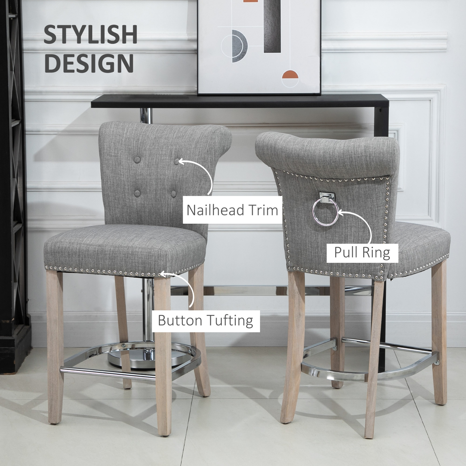 HOMCOM Counter Height Bar Stools Set of 2, Upholstered Bar Chairs with Button Tufted Back, Wood Legs, Footrest, Modern Nailhead Trim Barstools for