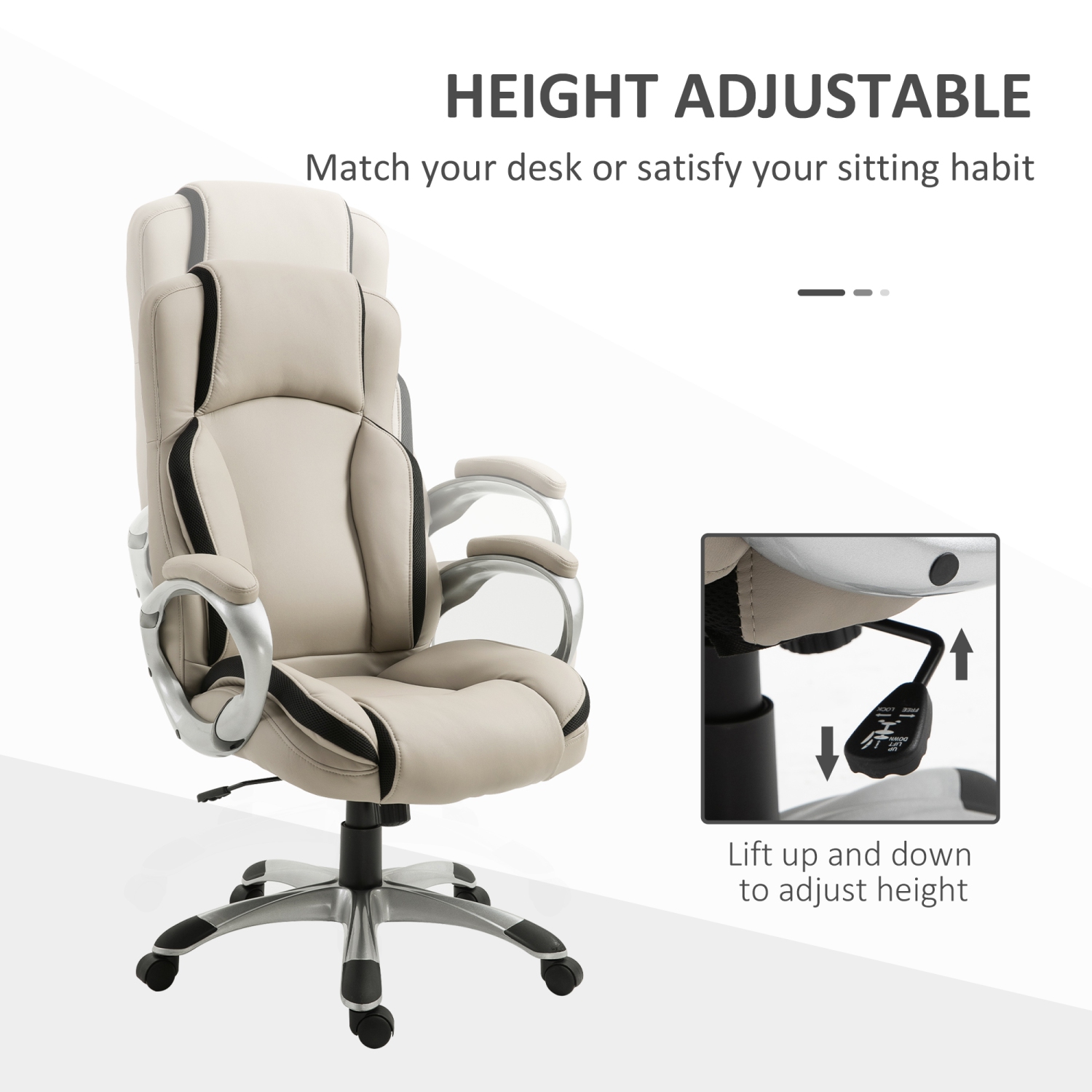 Vinsetto Office Chair PU Leather Executive on Rolling Wheels Task Computer Height Adjustable Swivel Ergonomic, Greige and Black