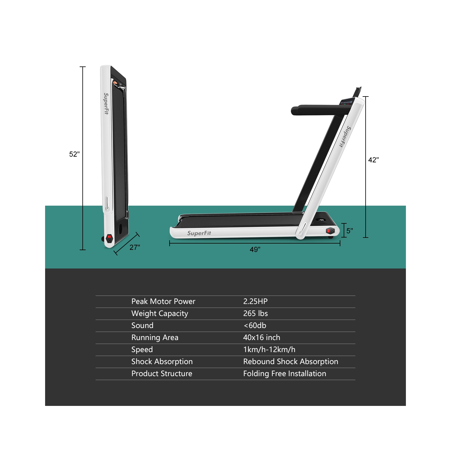 2 en 1 Tapis roulant pliant 2.25HP Machine de course avec double affichage Gymax
