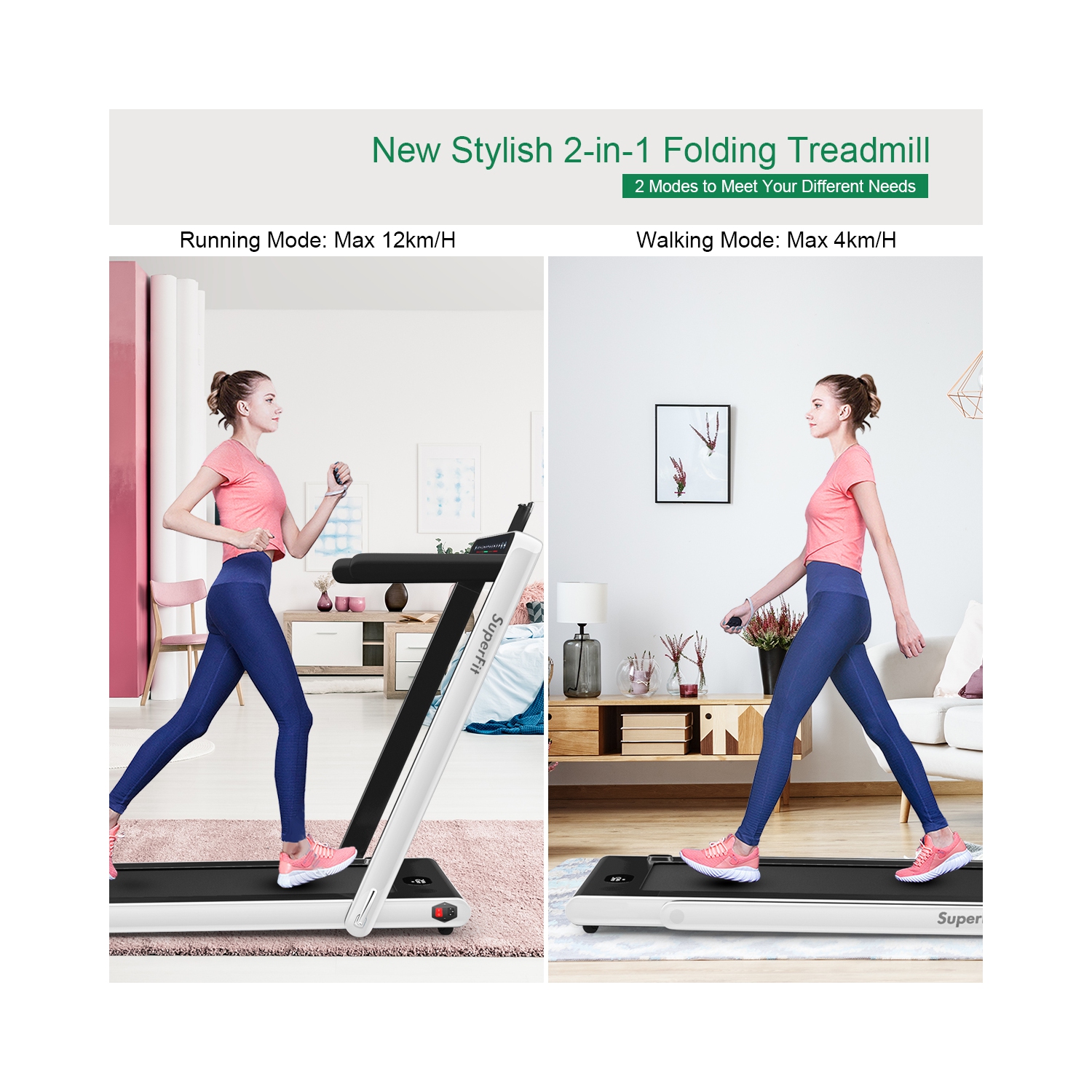 2 en 1 Tapis roulant pliant 2.25HP Machine de course avec double affichage Gymax