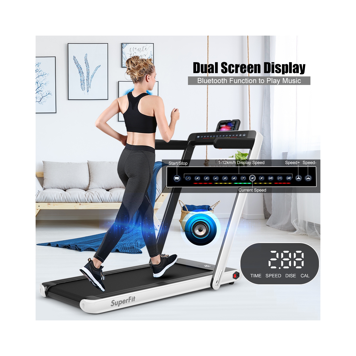 2 en 1 Tapis roulant pliant 2.25HP Machine de course avec double affichage Gymax