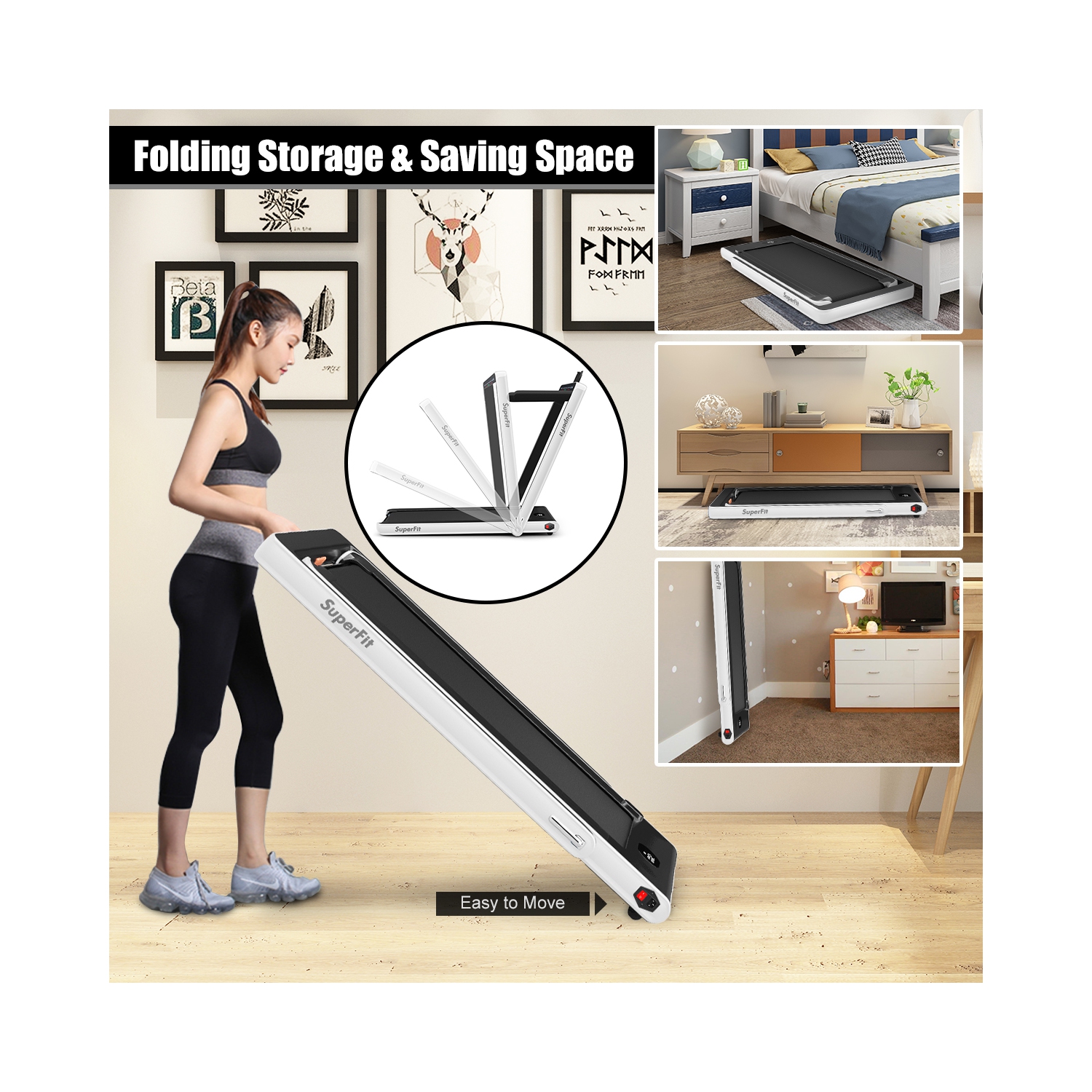 2 en 1 Tapis roulant pliant 2.25HP Machine de course avec double affichage Gymax