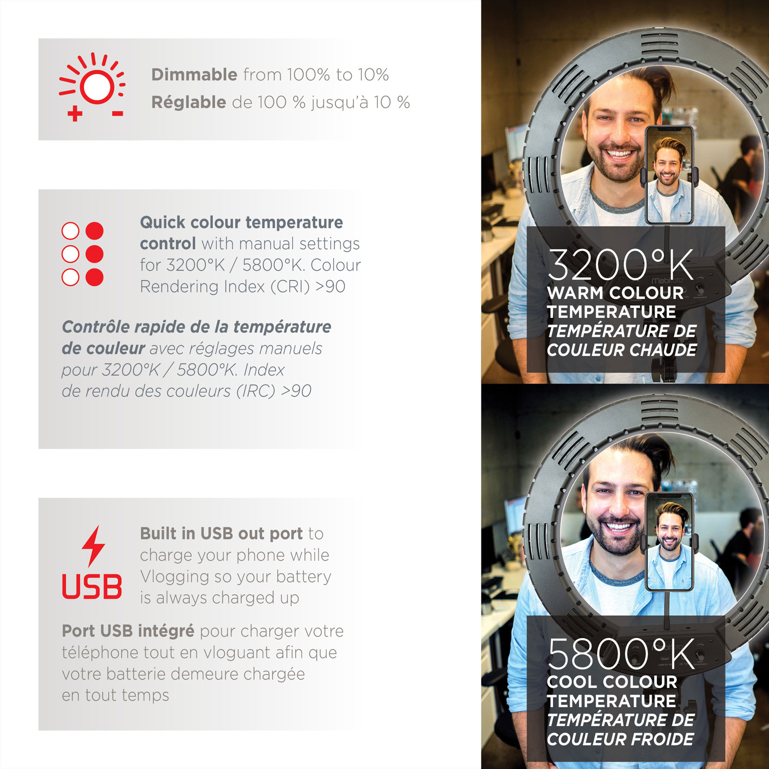 Mobifoto 18" Bi-Colour LED Ring Light Vlog Kit