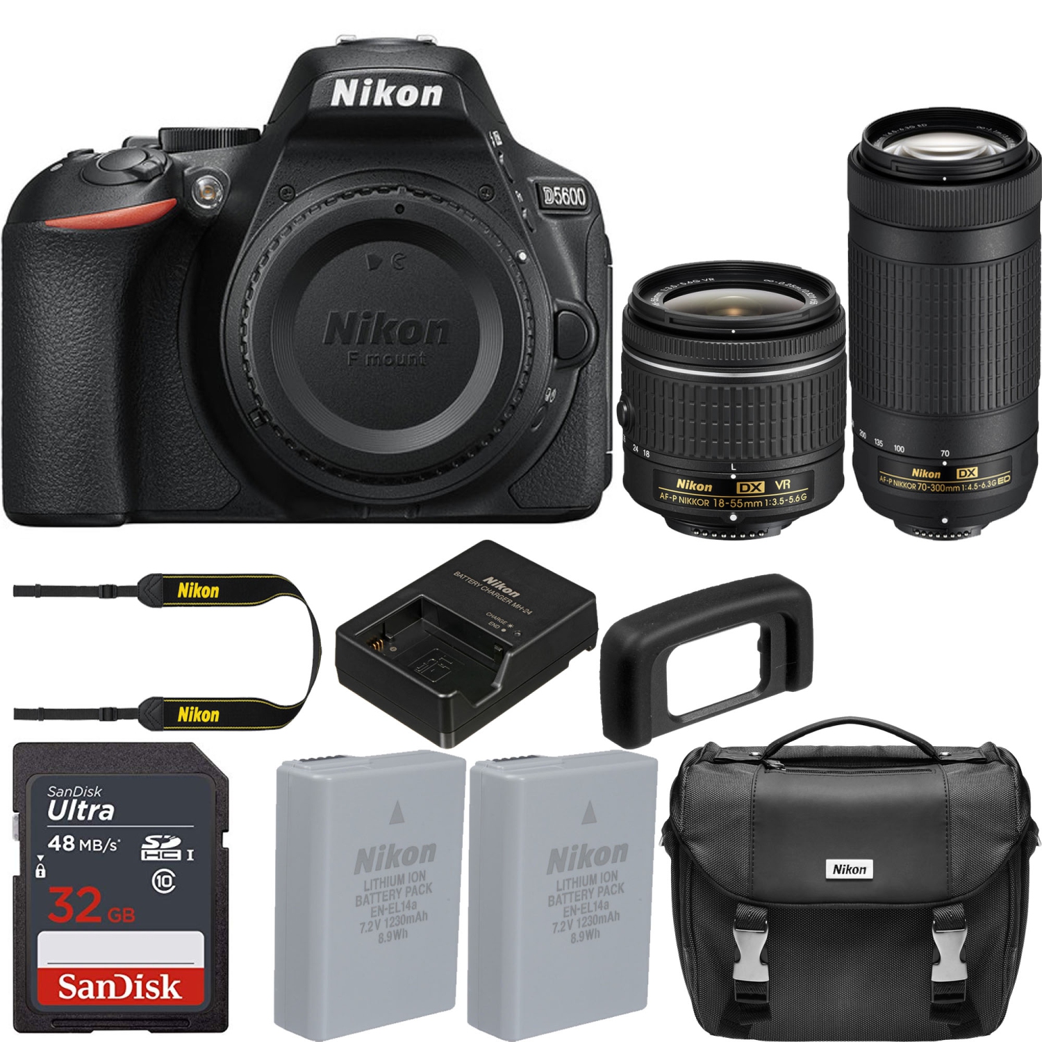 Nikon D5600 DSLR Camera with 18-55mm and 70-300mm Lenses | Sandisk 32GB Memory Card | Nikon Case | Spare Battery Bundle - US Version w/ Seller Warranty