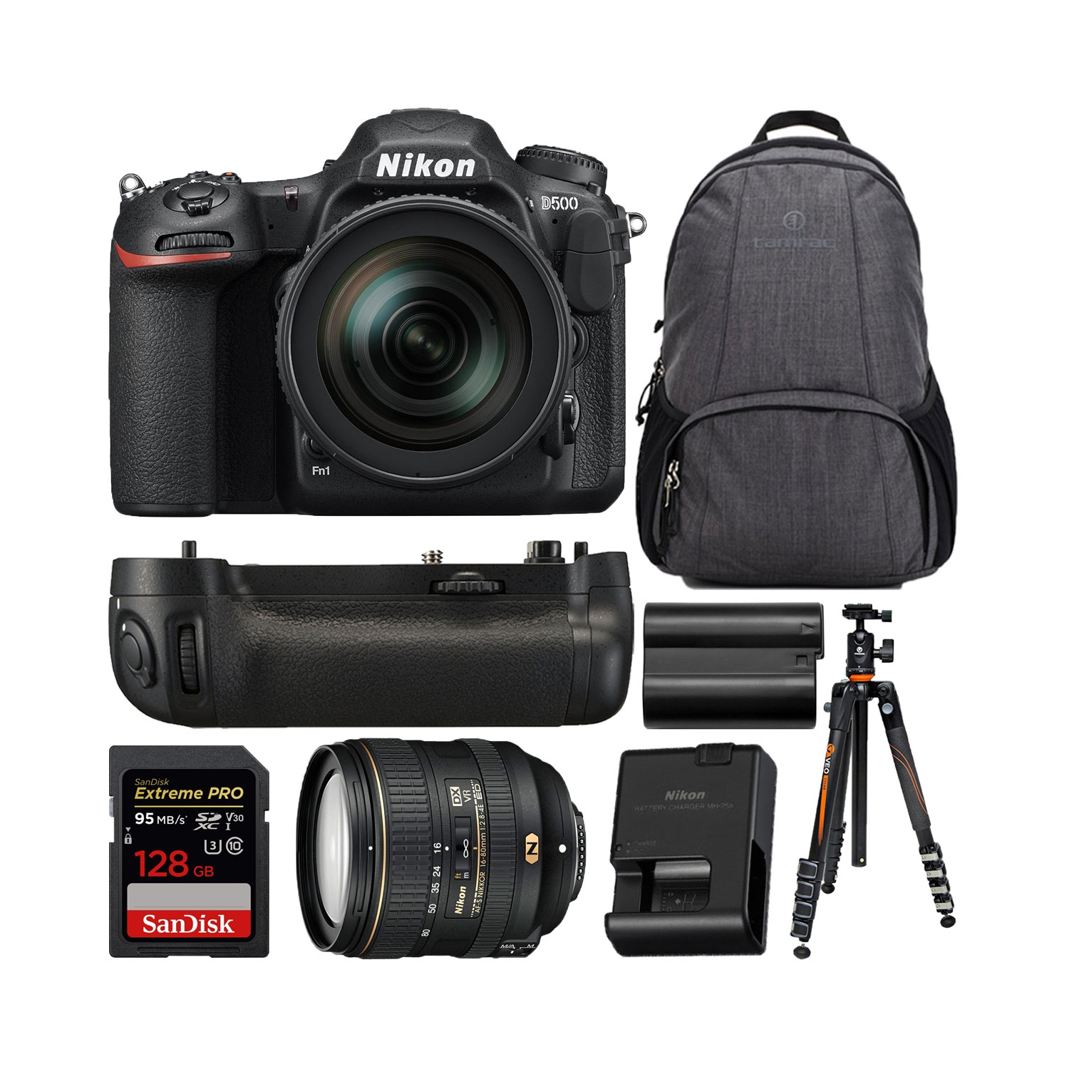 Nikon D500 20.9 MP DX-format Digital SLR Camera with AF-S 16-80mm f/2.8-4E ED VR Lens MB-D17 Battery Grip Bundle - US Version w/ Seller Warranty