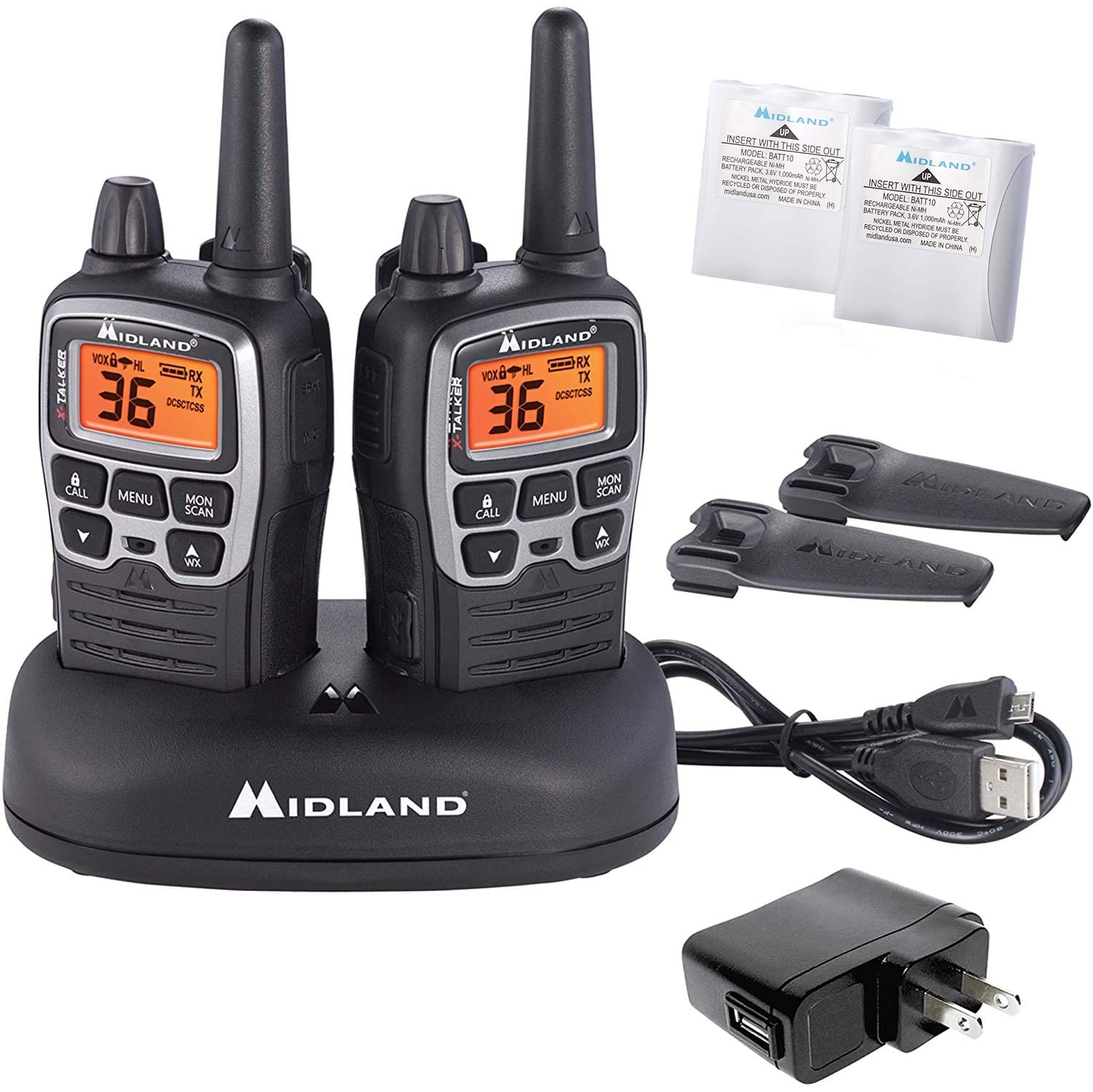 Midland 36 Channel/38 Mile Two Way Radio with 121 Codes, with X Scan-Alert, Battery, Rapid Charge DTC and USB