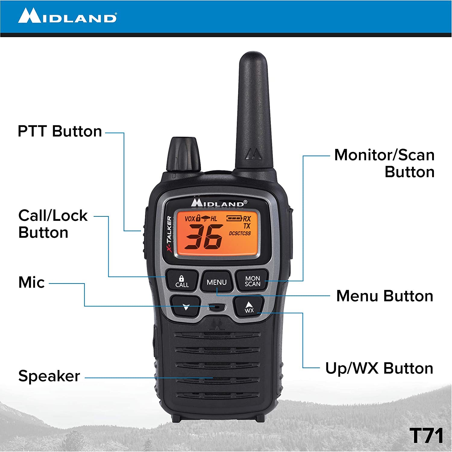 Midland 36 Channel/38 Mile Two Way Radio with 121 Codes, with X Scan-Alert, Battery, Rapid Charge DTC and USB
