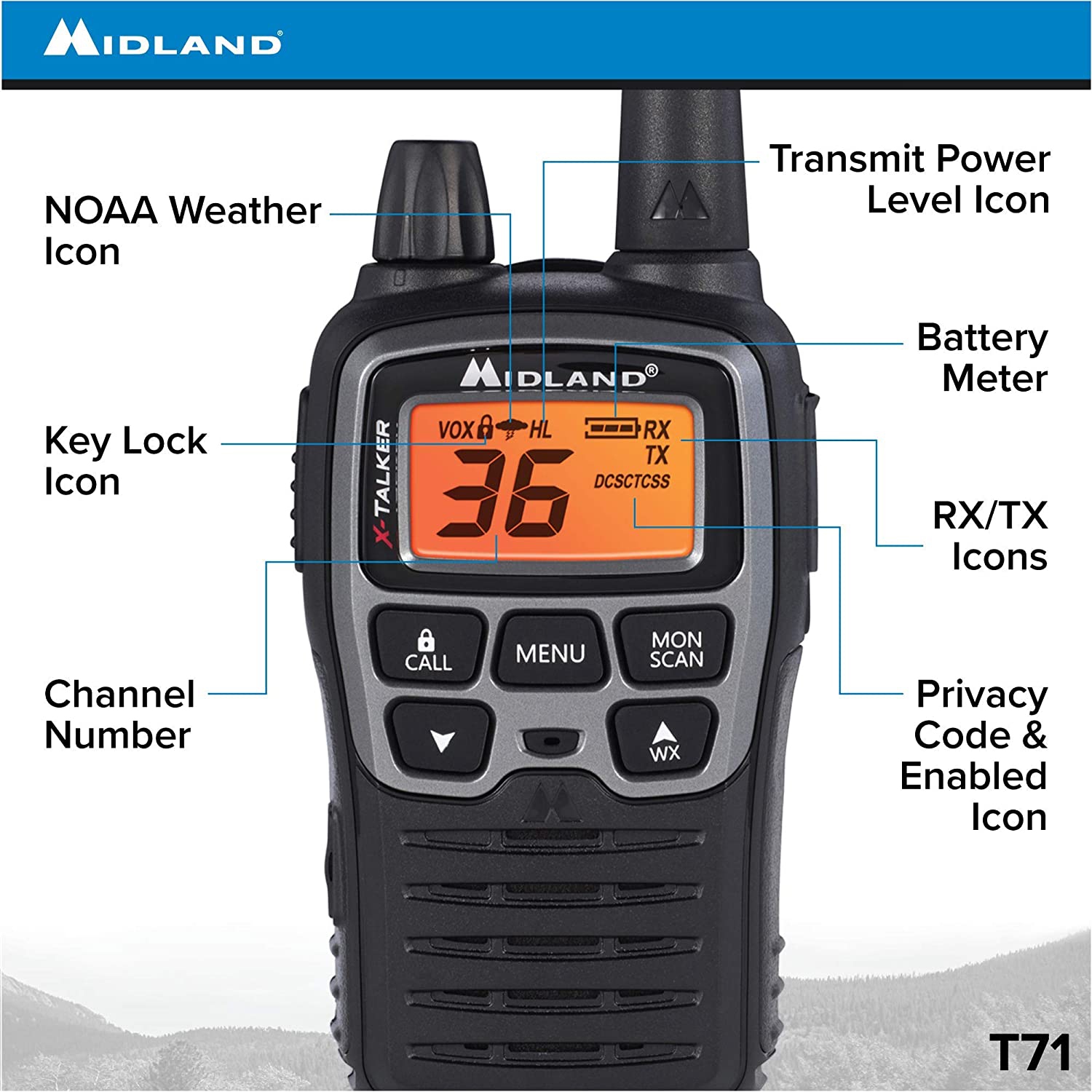 Midland 36 Channel/38 Mile Two Way Radio with 121 Codes, with X Scan-Alert, Battery, Rapid Charge DTC and USB