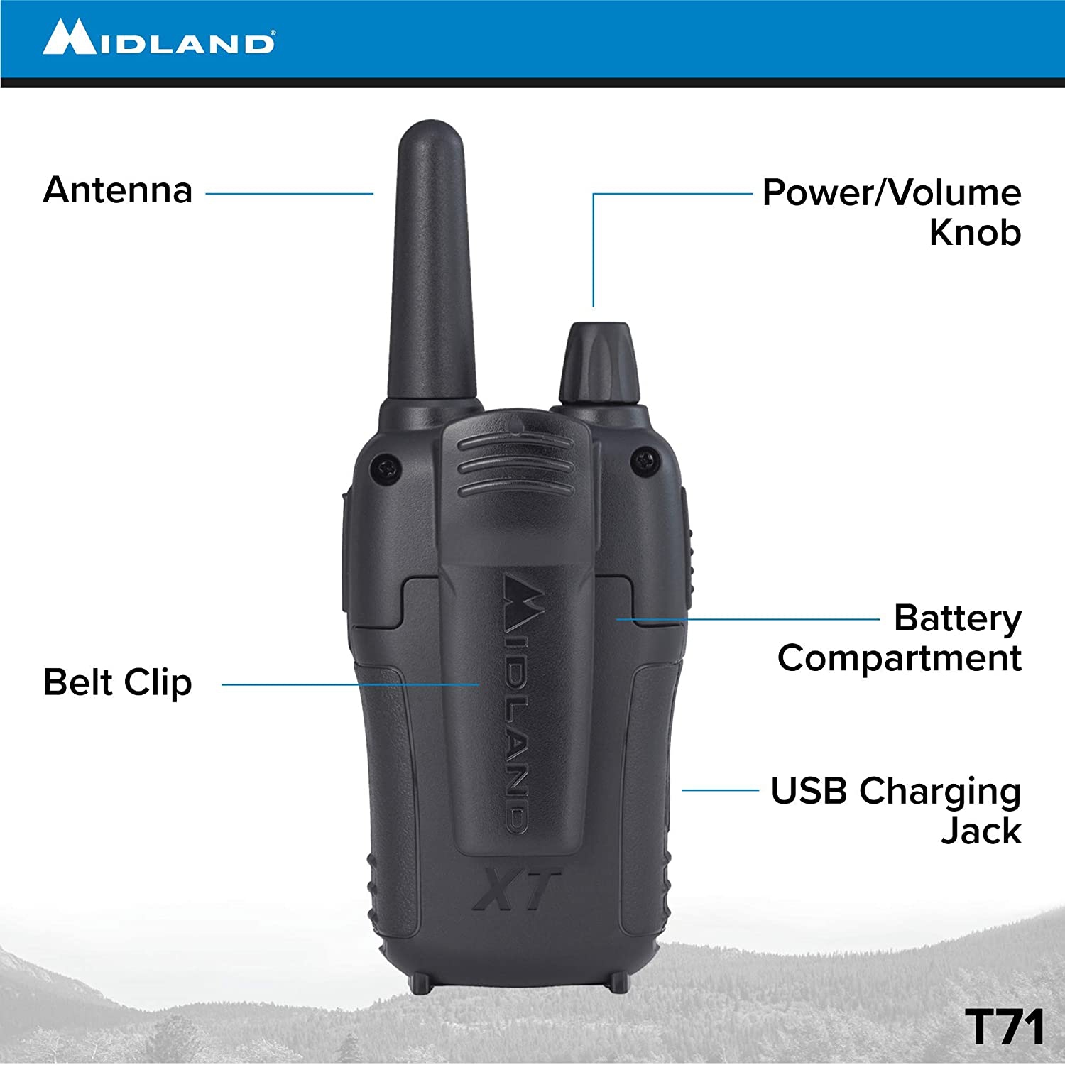 Midland 36 Channel/38 Mile Two Way Radio with 121 Codes, with X Scan-Alert, Battery, Rapid Charge DTC and USB