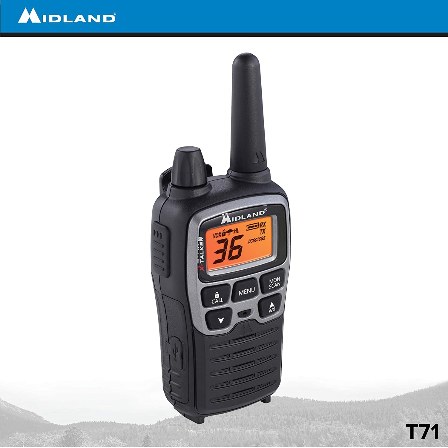 Midland 36 Channel/38 Mile Two Way Radio with 121 Codes, with X Scan-Alert, Battery, Rapid Charge DTC and USB