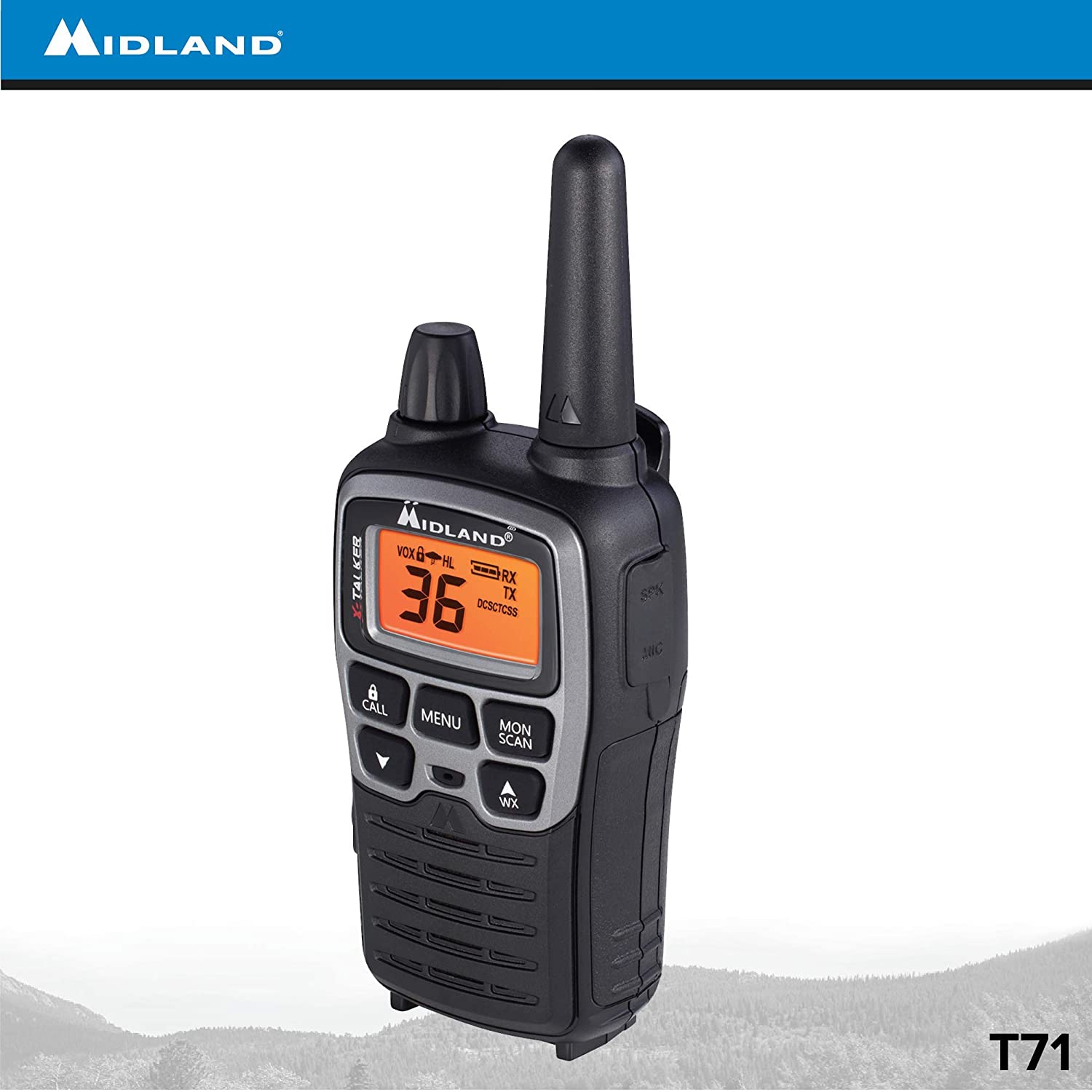 Midland 36 Channel/38 Mile Two Way Radio with 121 Codes, with X Scan-Alert, Battery, Rapid Charge DTC and USB
