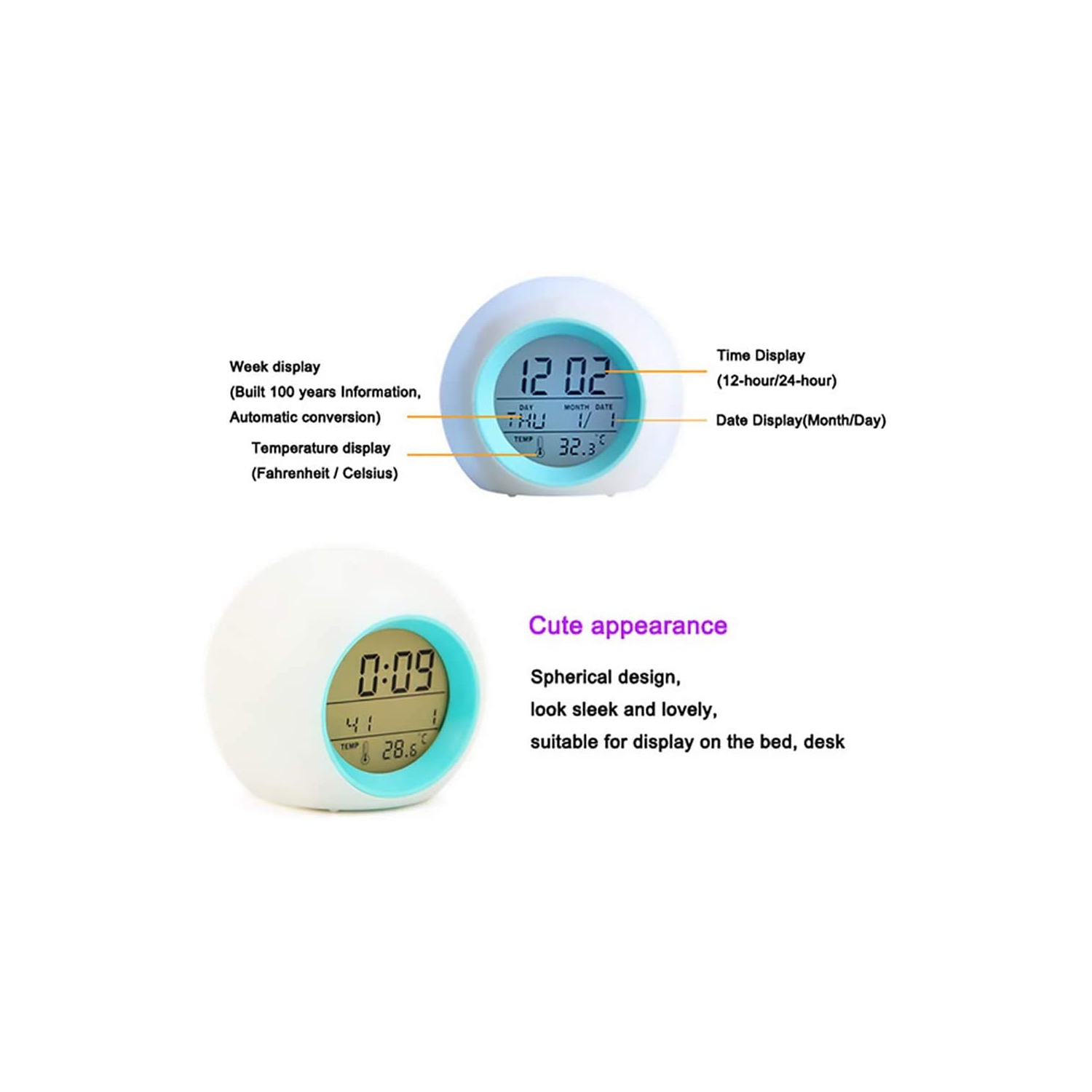 Unicorn Digital Alarm Clocks for Girls, LED Night Glowing Cube LCD Clock with Light Children Wake Up Bedside Clock