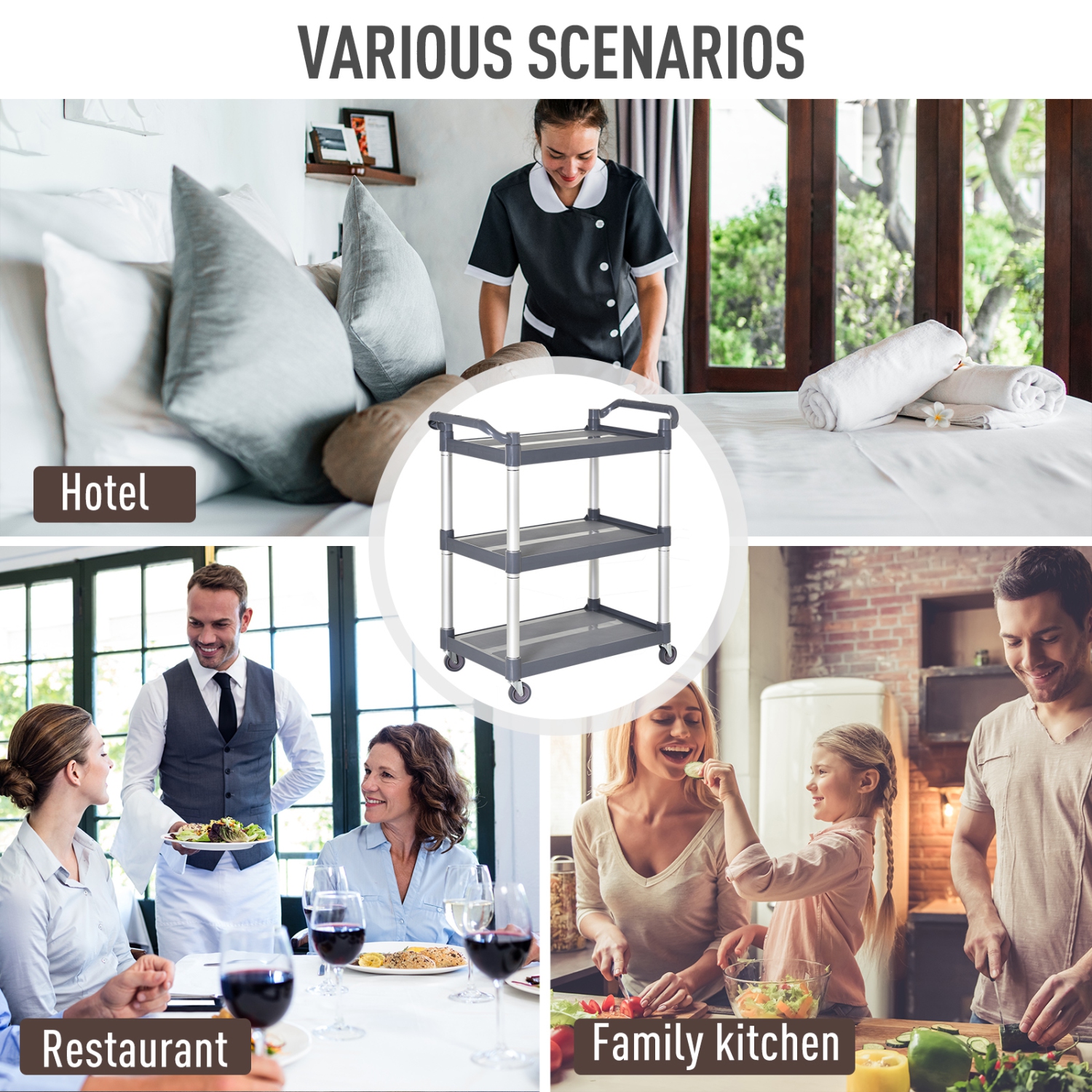 Chariot utilitaire à 3 niveaux sur roulettes de HOMCOM, chariot de cuisine à roulettes avec poignées pour le salon, la salle de bain, argenté et gris