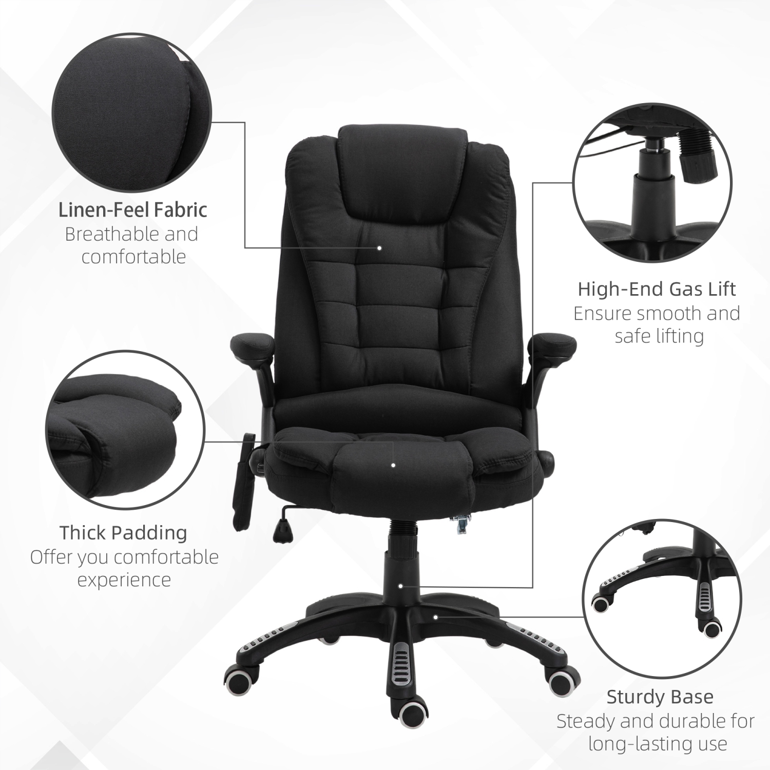 Vinsetto – Fauteuil de bureau de massage avec vibration 6 points, fauteuil de direction inclinable en lin, dossier haut, roulettes pivotantes, noir