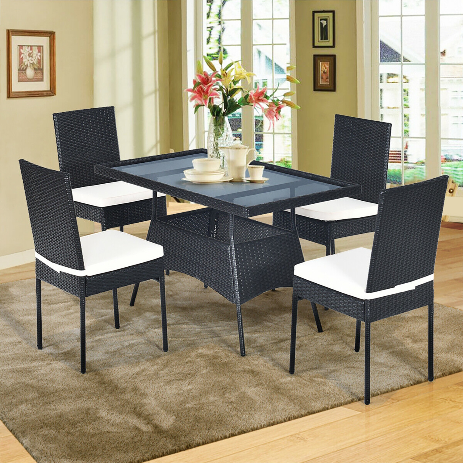 Costway Ensemble de 5 Pièces de Mobilier de Salle à Manger avec Coussins, Table avec Plateau de Verre, Mobilier de Jardin