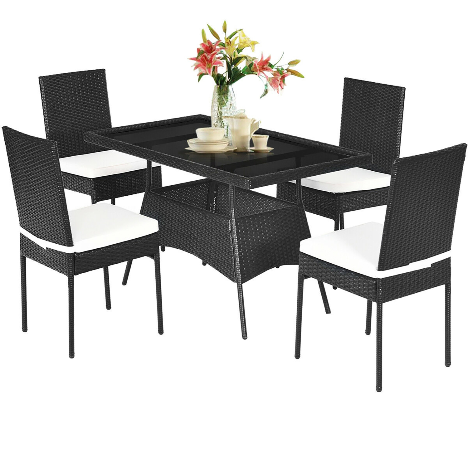 Costway Ensemble de 5 Pièces de Mobilier de Salle à Manger avec Coussins, Table avec Plateau de Verre, Mobilier de Jardin