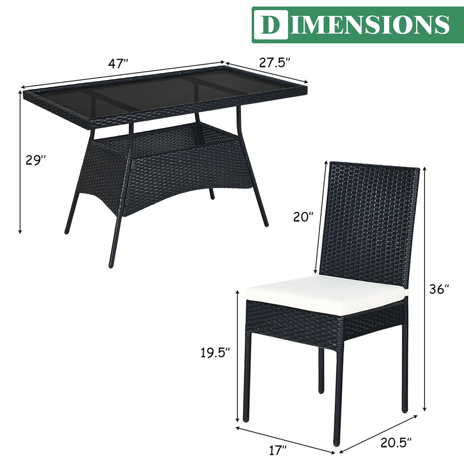Costway Ensemble de 5 Pièces de Mobilier de Salle à Manger avec Coussins, Table avec Plateau de Verre, Mobilier de Jardin