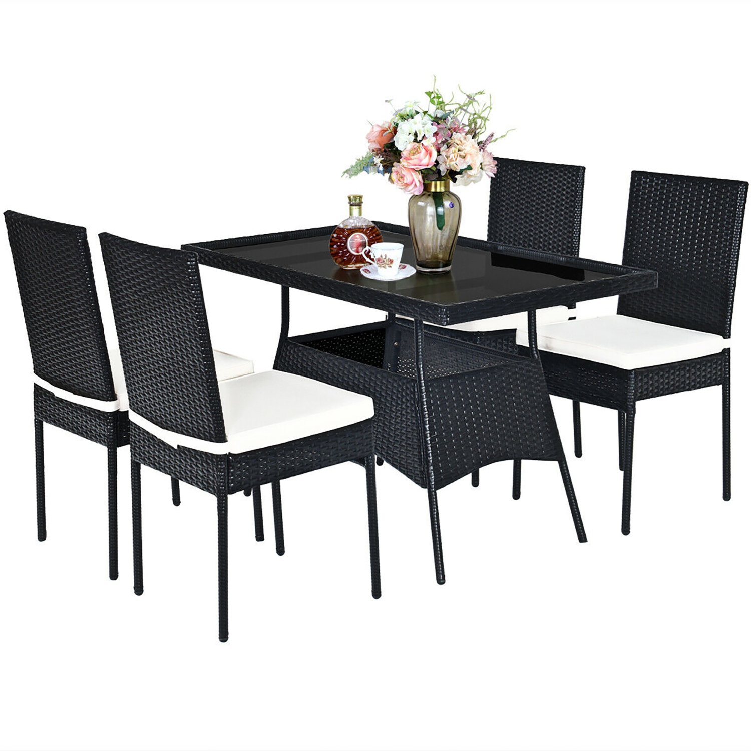 Costway Ensemble de 5 Pièces de Mobilier de Salle à Manger avec Coussins, Table avec Plateau de Verre, Mobilier de Jardin