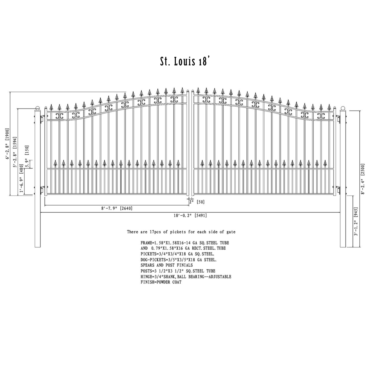 ALEKO DG18STPD St. Louis Style Iron Wrought Dual Driveway Gate 18'